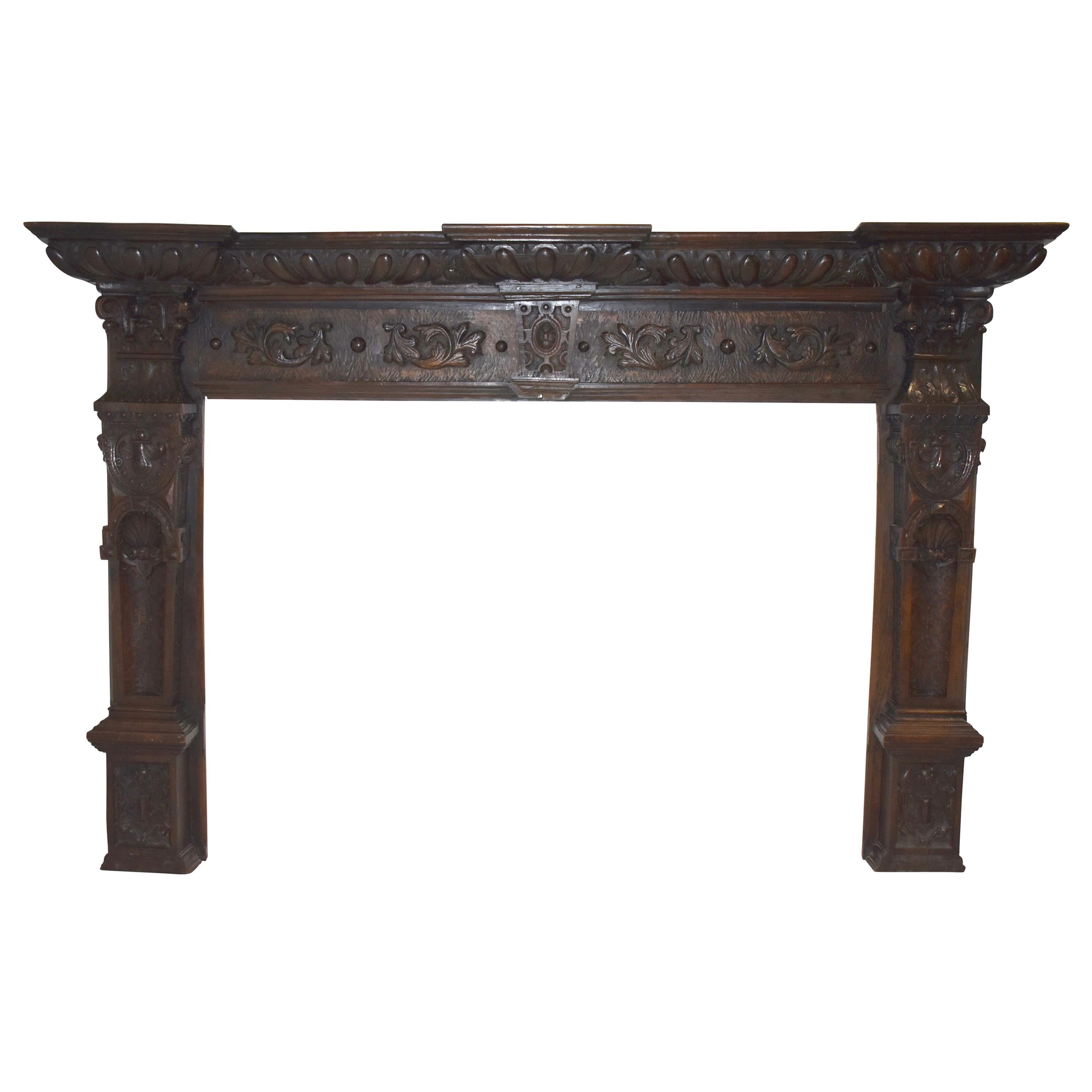Renaissance Oak Fireplace Surround and Mantel, circa 1880 For Sale