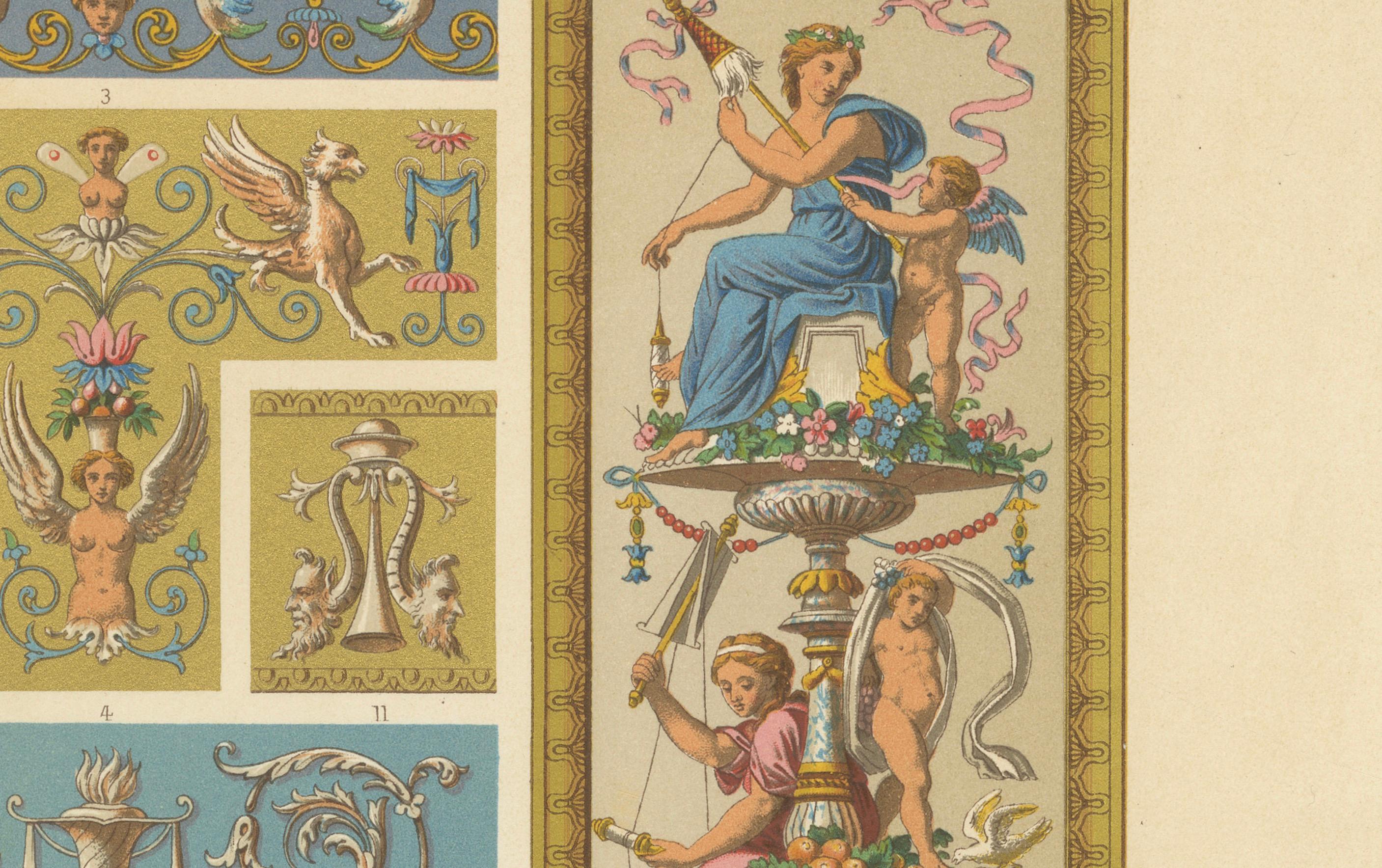 Papier Panneau d'ornement Renaissance avec figures mythologiques et rinceaux - vers 1869 en vente