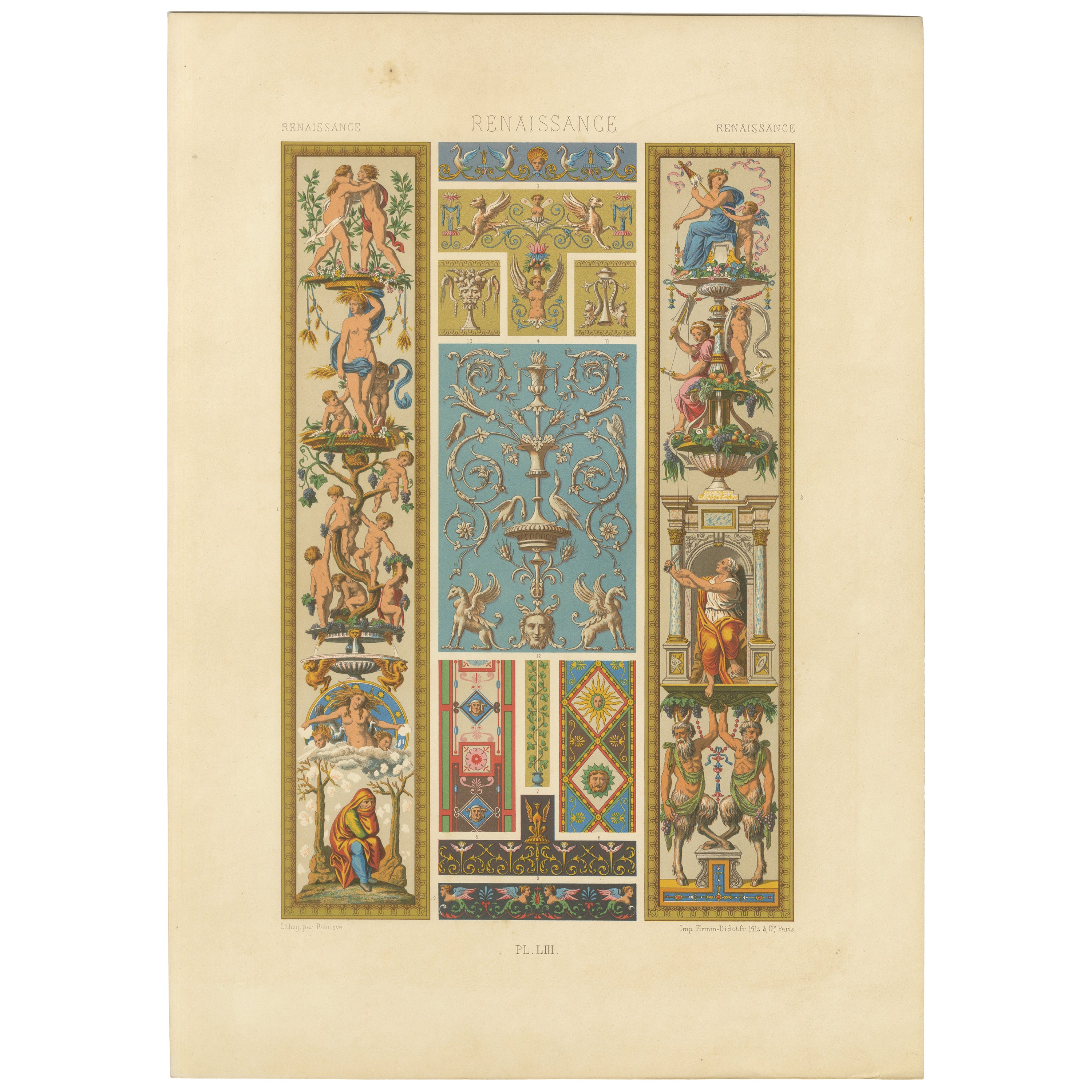 Panel ornamental renacentista con figuras mitológicas y volutas - ca. 1869 en venta