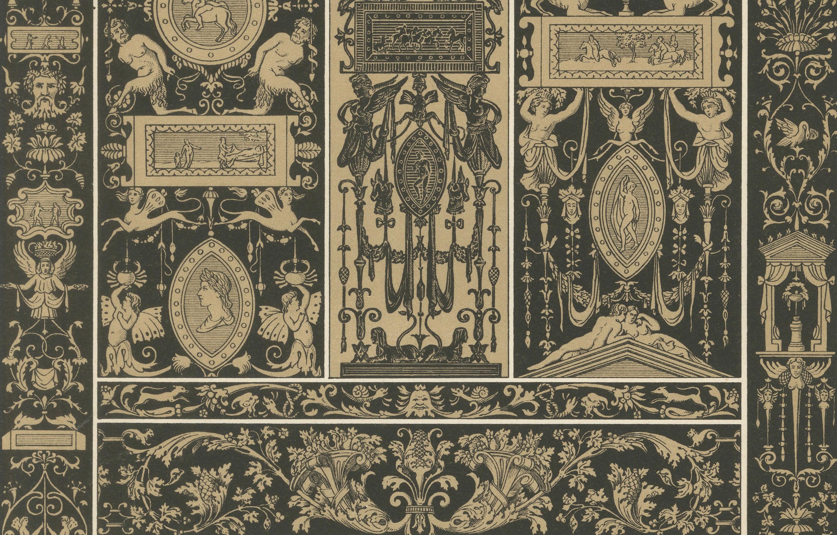 Placa ornamental renacentista en grisalla - Volutas y emblemas clásicos, Pl. LVI

Esta litografía monocromática, Lámina LVI de la célebre serie 
 L'Ornement Polychrome (París, hacia 1869), presenta ornamentos renacentistas realizados con la refinada