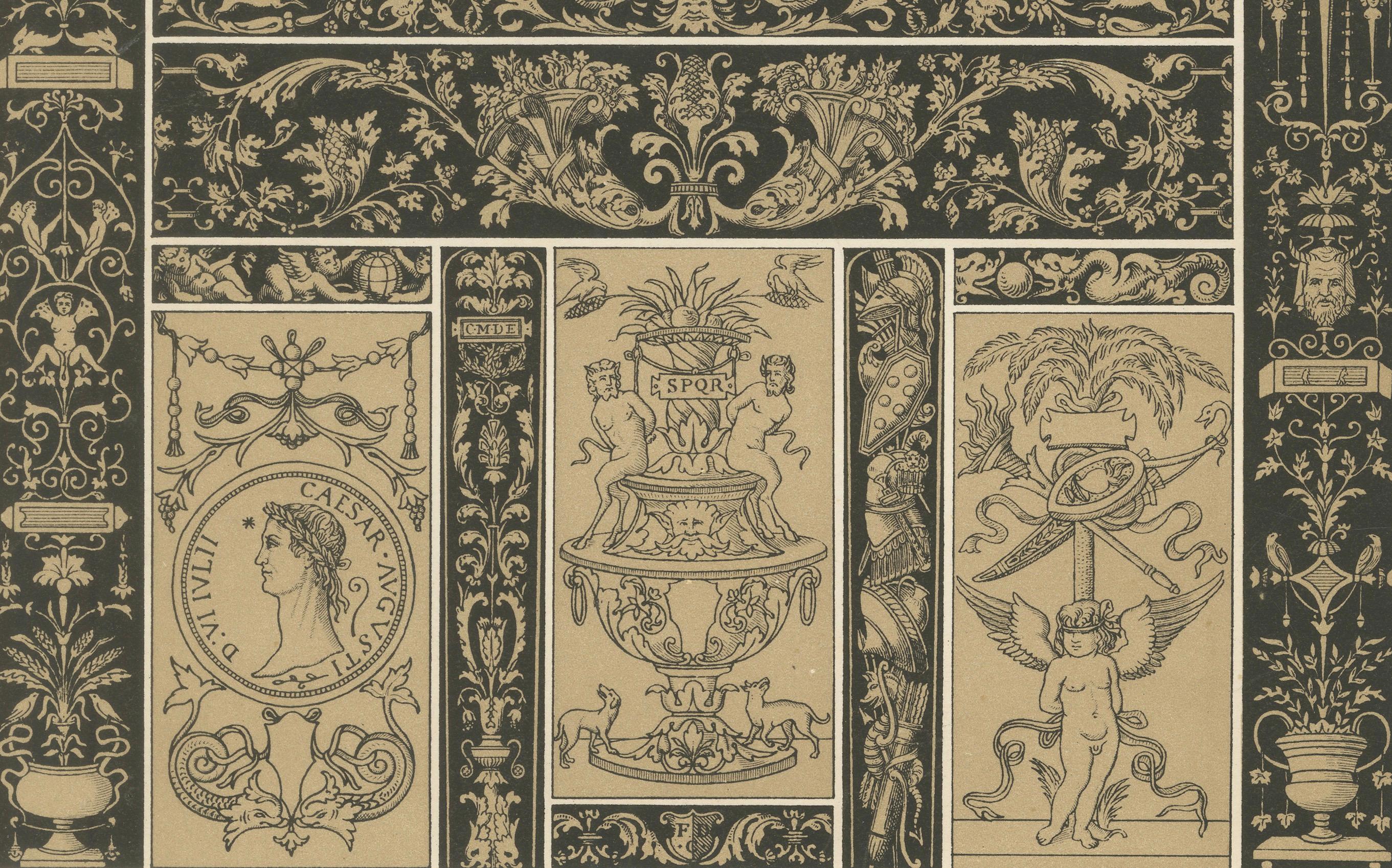 Placa ornamental renacentista en grisalla - Pergaminos y emblemas clásicos, 1869 Francés en venta
