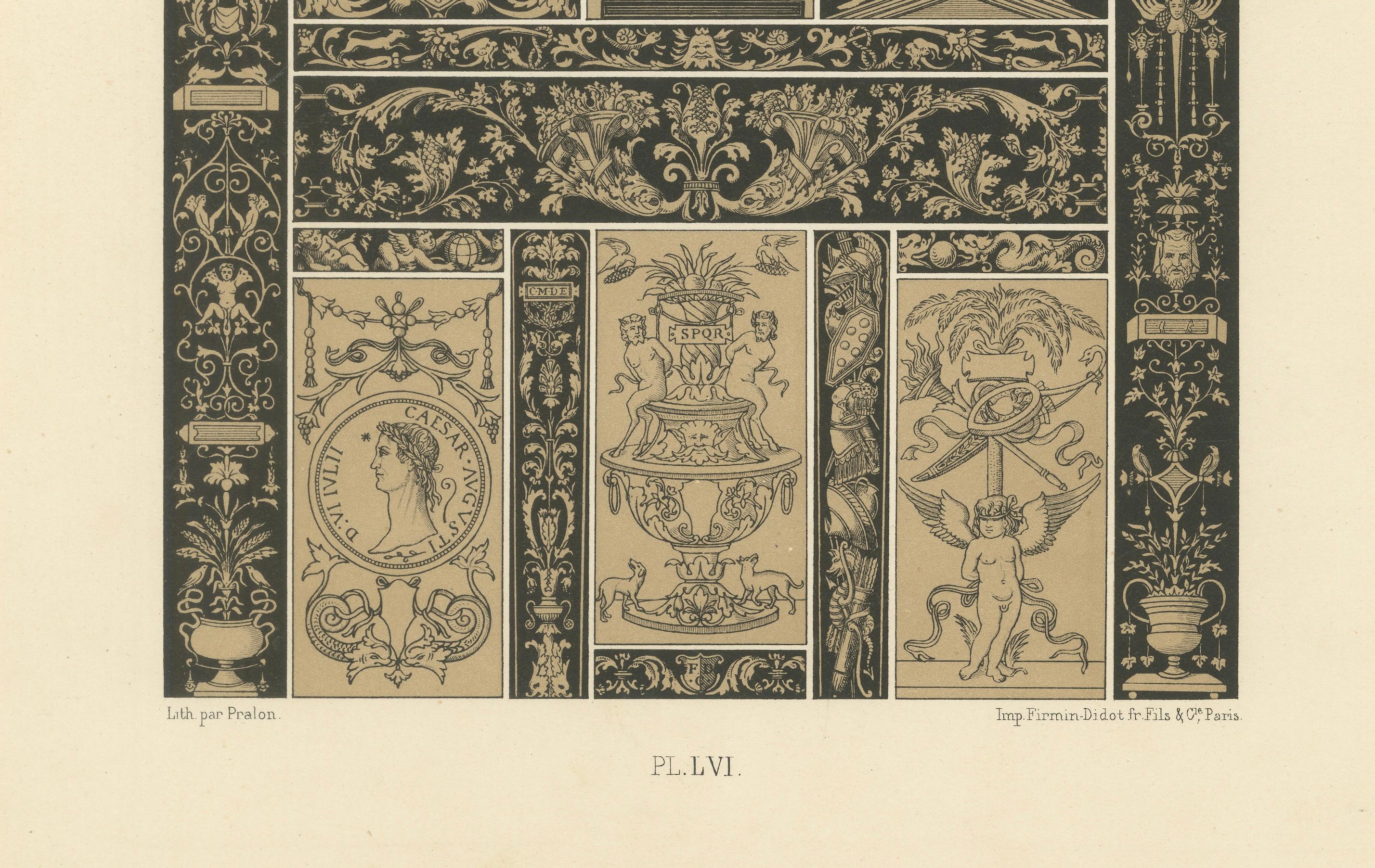 Placa ornamental renacentista en grisalla - Pergaminos y emblemas clásicos, 1869 en Bueno estado para la venta en Langweer, NL