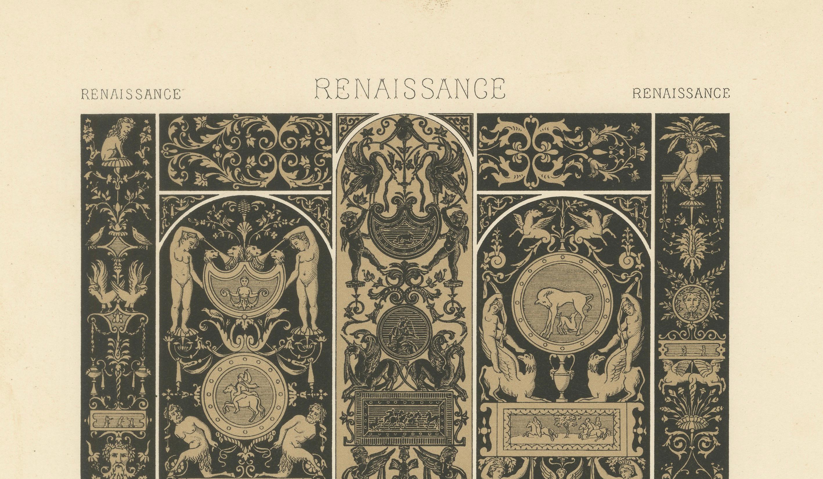 Placa ornamental renacentista en grisalla - Pergaminos y emblemas clásicos, 1869 siglo XIX en venta