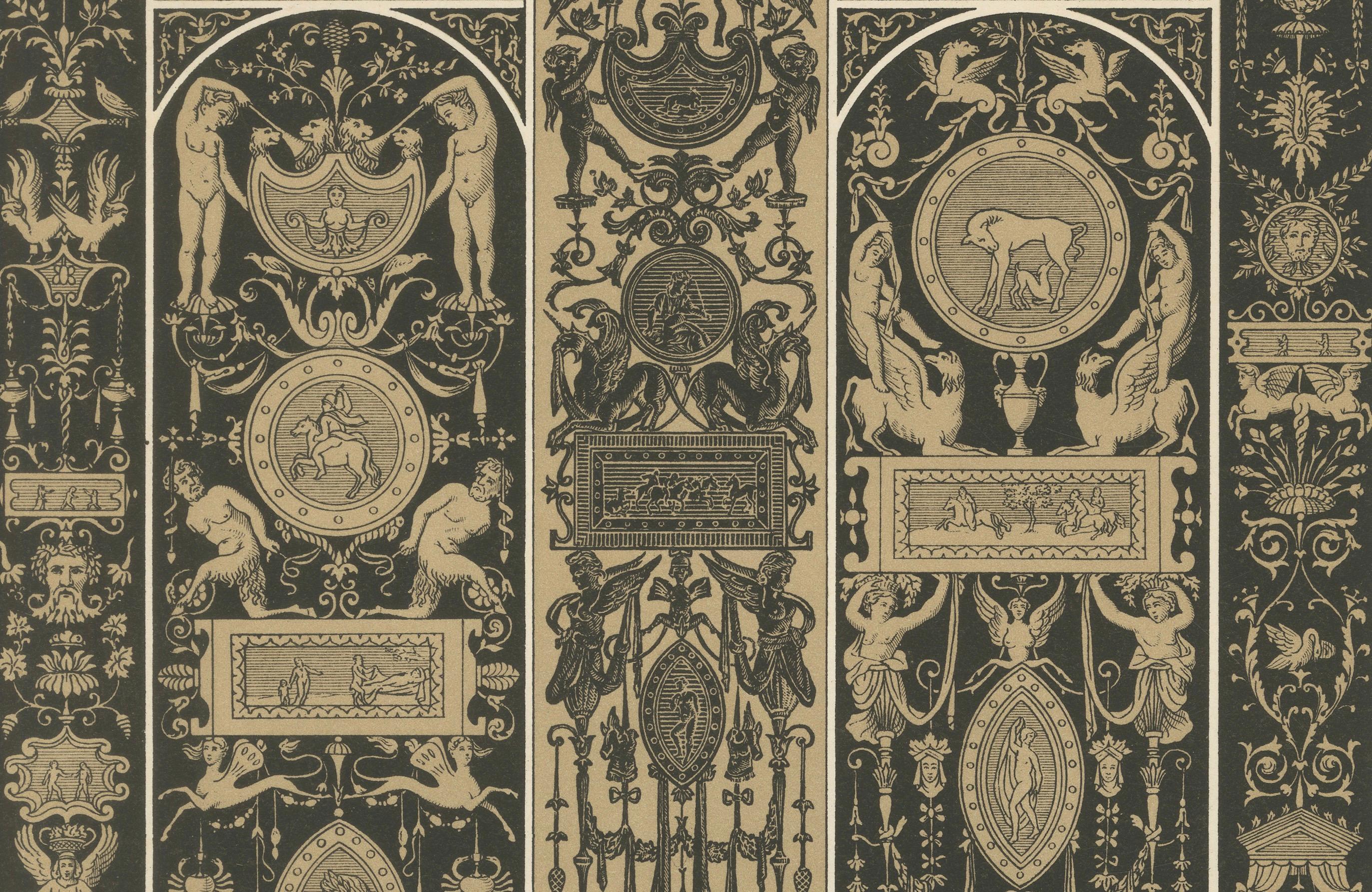Placa ornamental renacentista en grisalla - Pergaminos y emblemas clásicos, 1869 Papel en venta