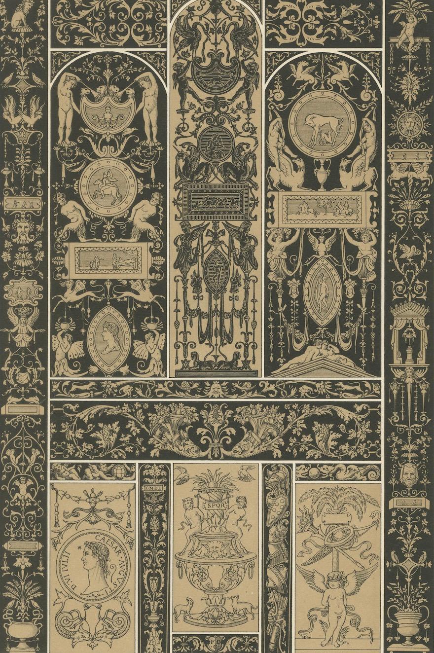 Placa ornamental renacentista en grisalla - Pergaminos y emblemas clásicos, 1869 en venta 1