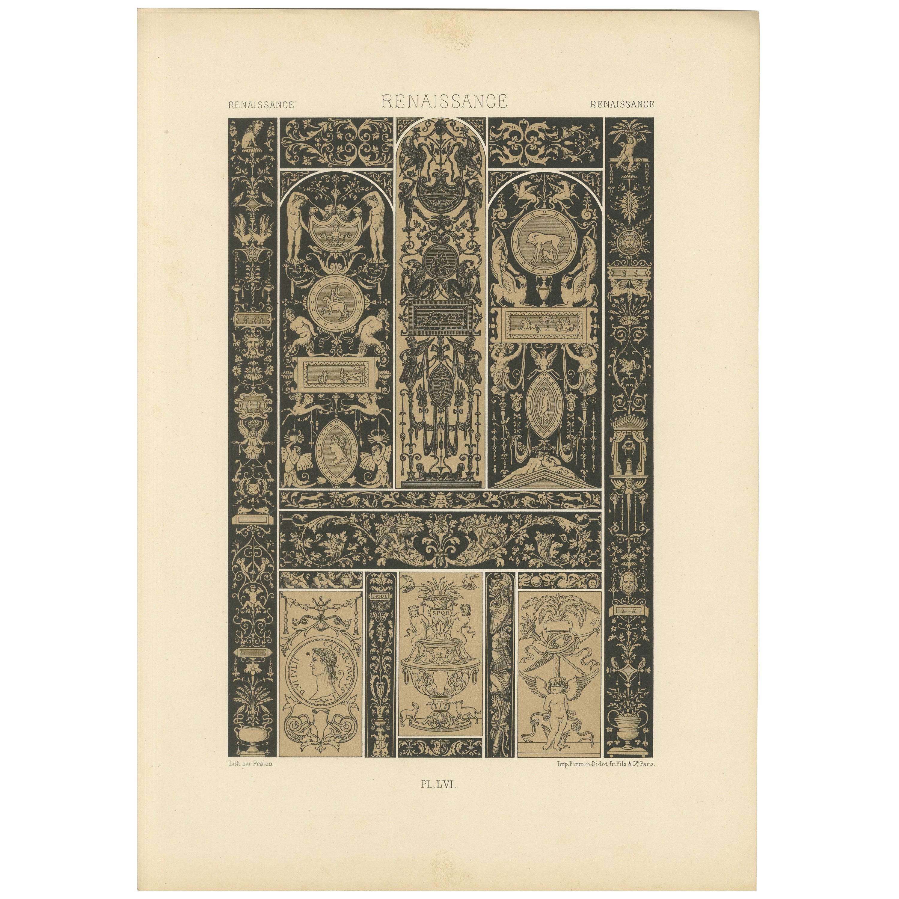 Renaissance Ornament Plate in Grisaille – Classical Scrollwork & Emblems, 1869 For Sale