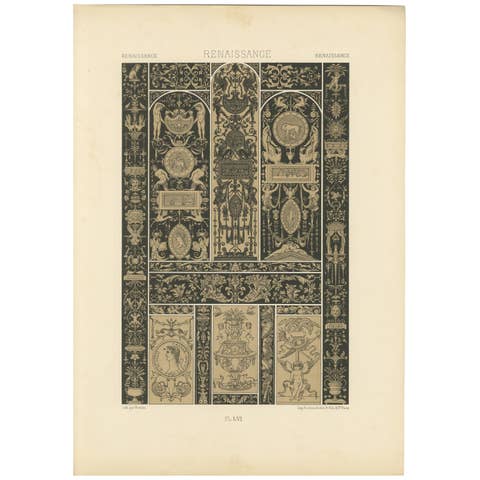 Renaissance Ornament Plate in Grisaille – Classical Scrollwork & Emblems, 1869