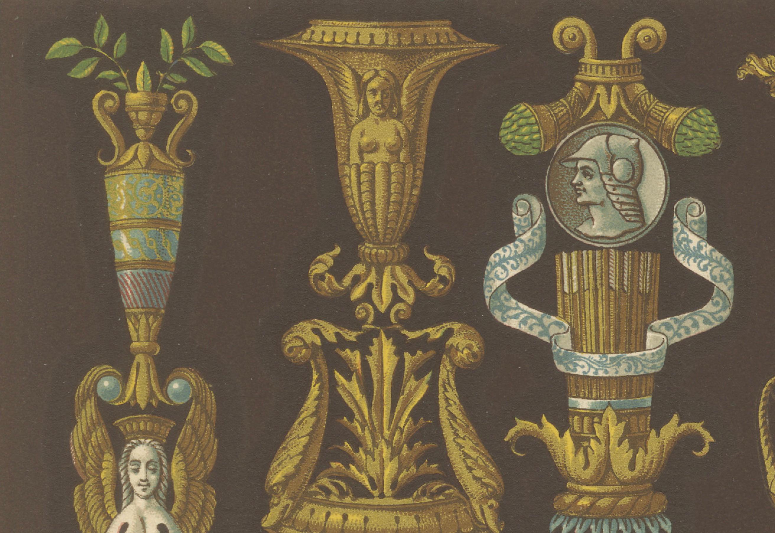 Gravure sur ornement de la Renaissance - Chandeliers et urnes du XVIe siècle, planche LXIV

Cette chromolithographie richement colorée du XIXe siècle, tirée de L'Ornement Polychrome (planche LXIV), présente un ensemble de chandeliers, de torches et