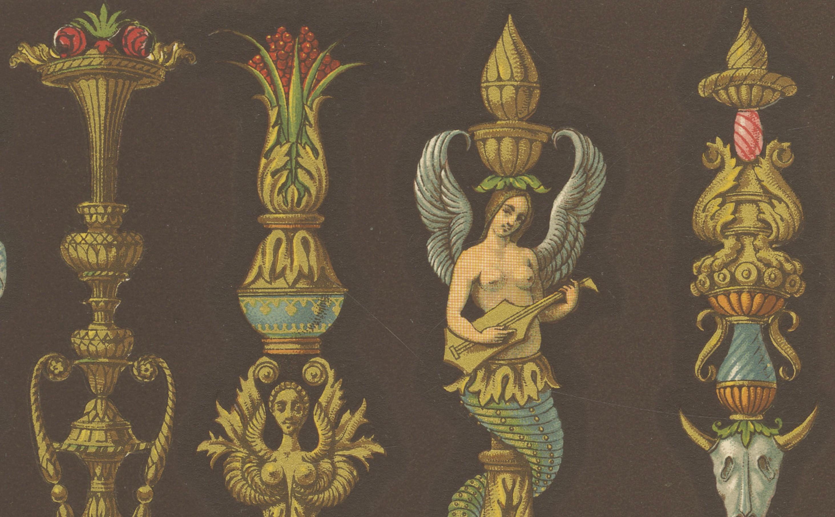 Français Gravure d'ornement de la Renaissance - Am designs de chandeliers et d'urnes du 16e siècle, 1869 en vente