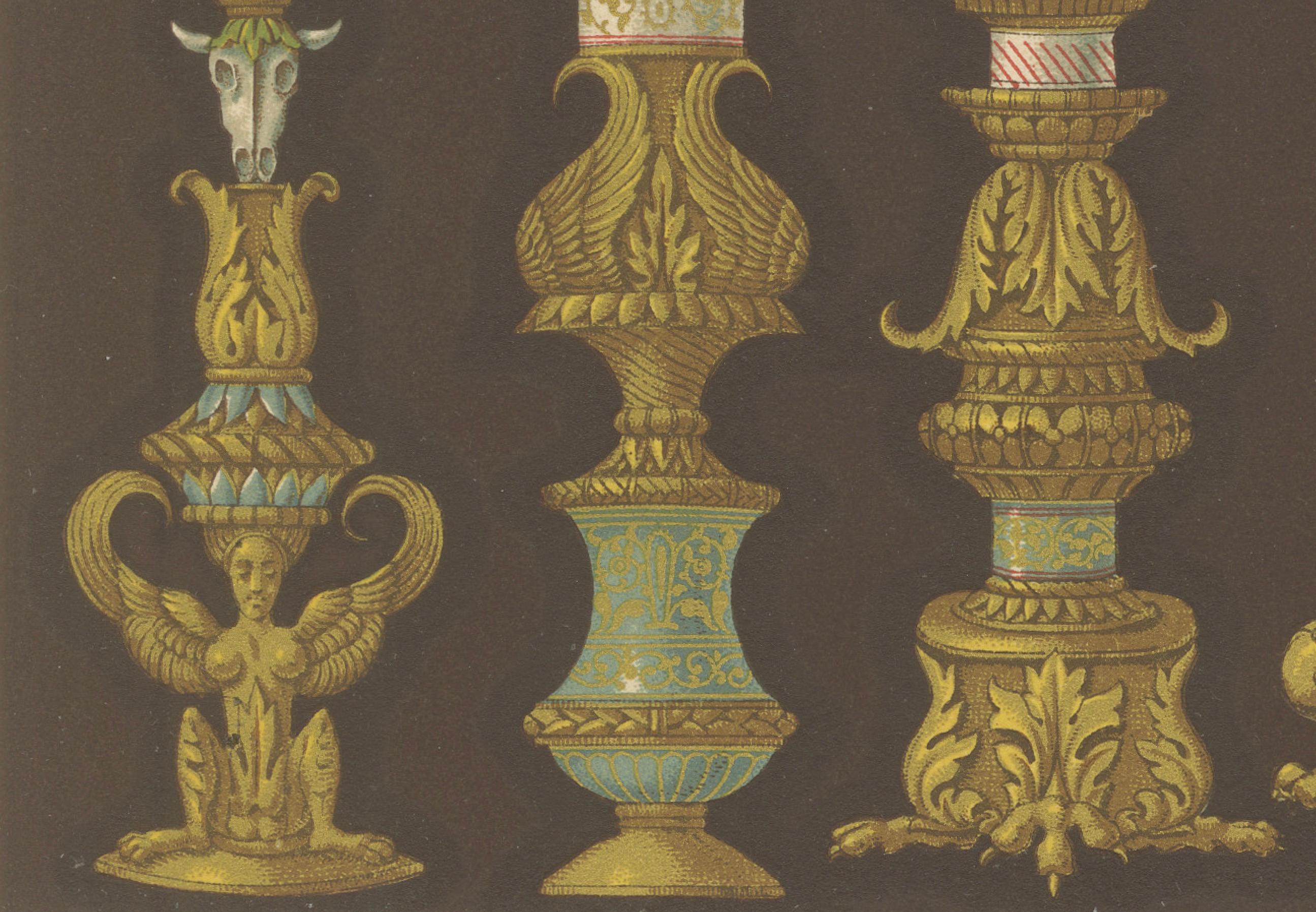 Gravure d'ornement de la Renaissance - Am designs de chandeliers et d'urnes du 16e siècle, 1869 Bon état - En vente à Langweer, NL