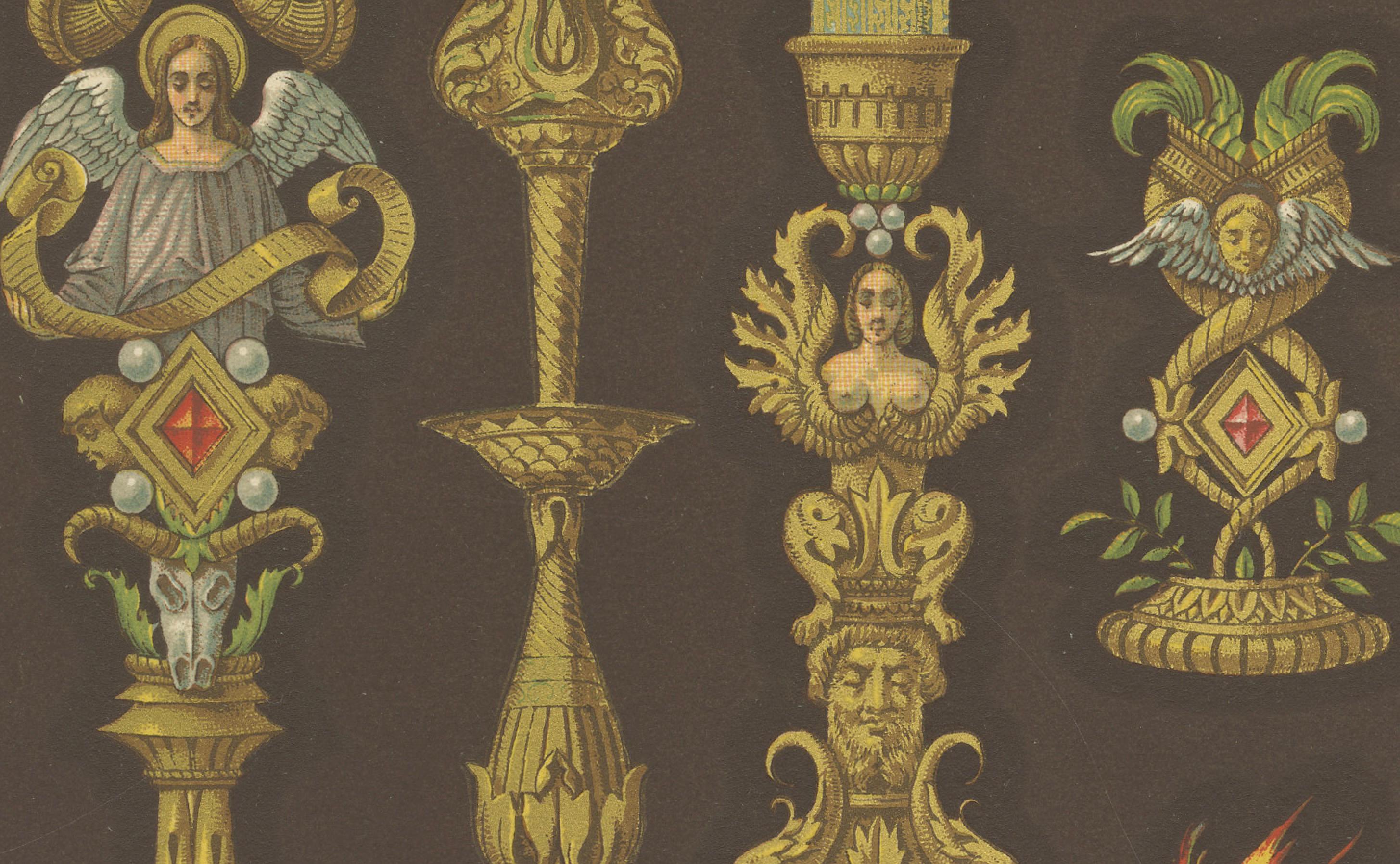 XIXe siècle Gravure d'ornement de la Renaissance - Am designs de chandeliers et d'urnes du 16e siècle, 1869 en vente