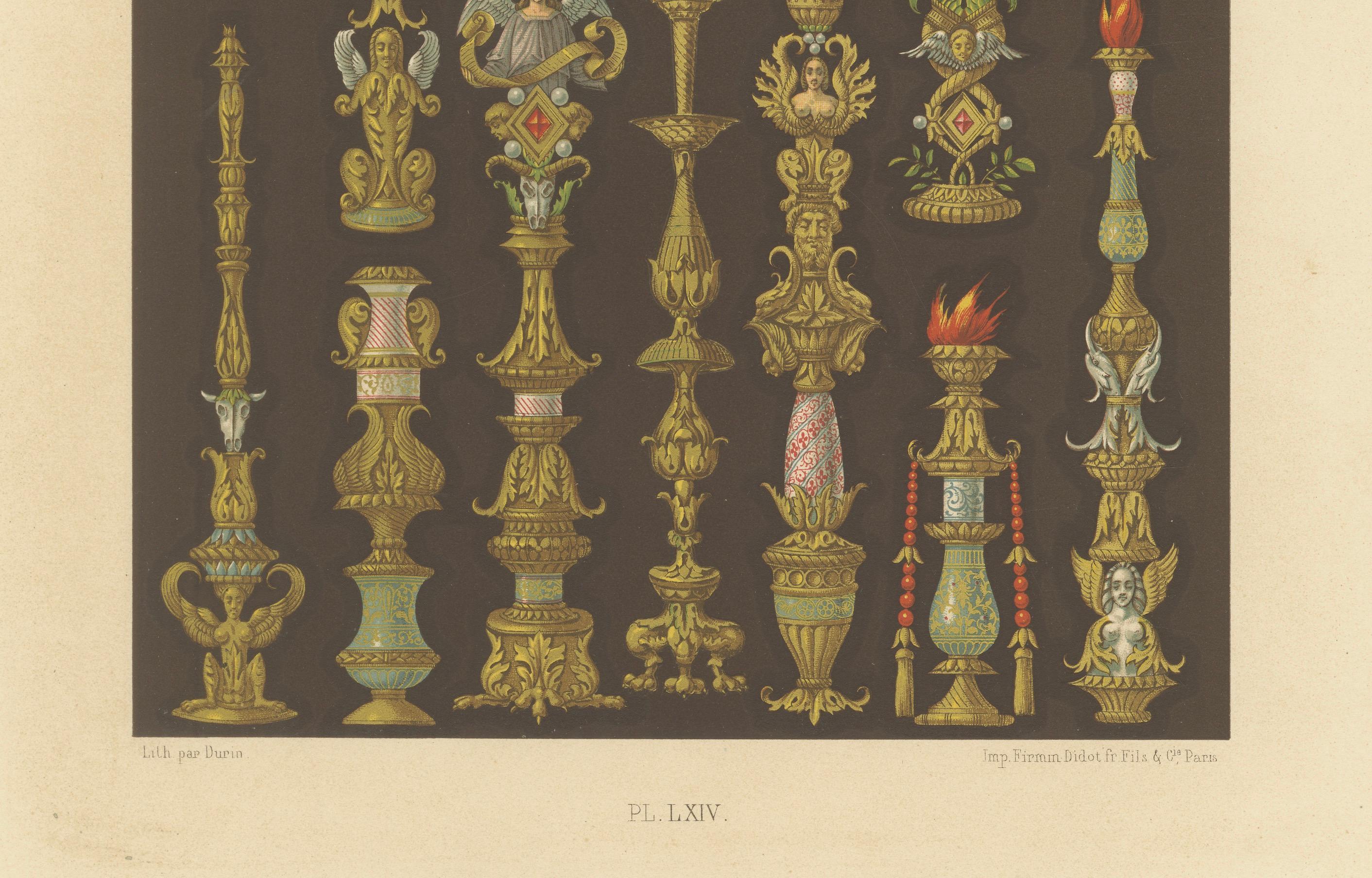 Papier Gravure d'ornement de la Renaissance - Am designs de chandeliers et d'urnes du 16e siècle, 1869 en vente