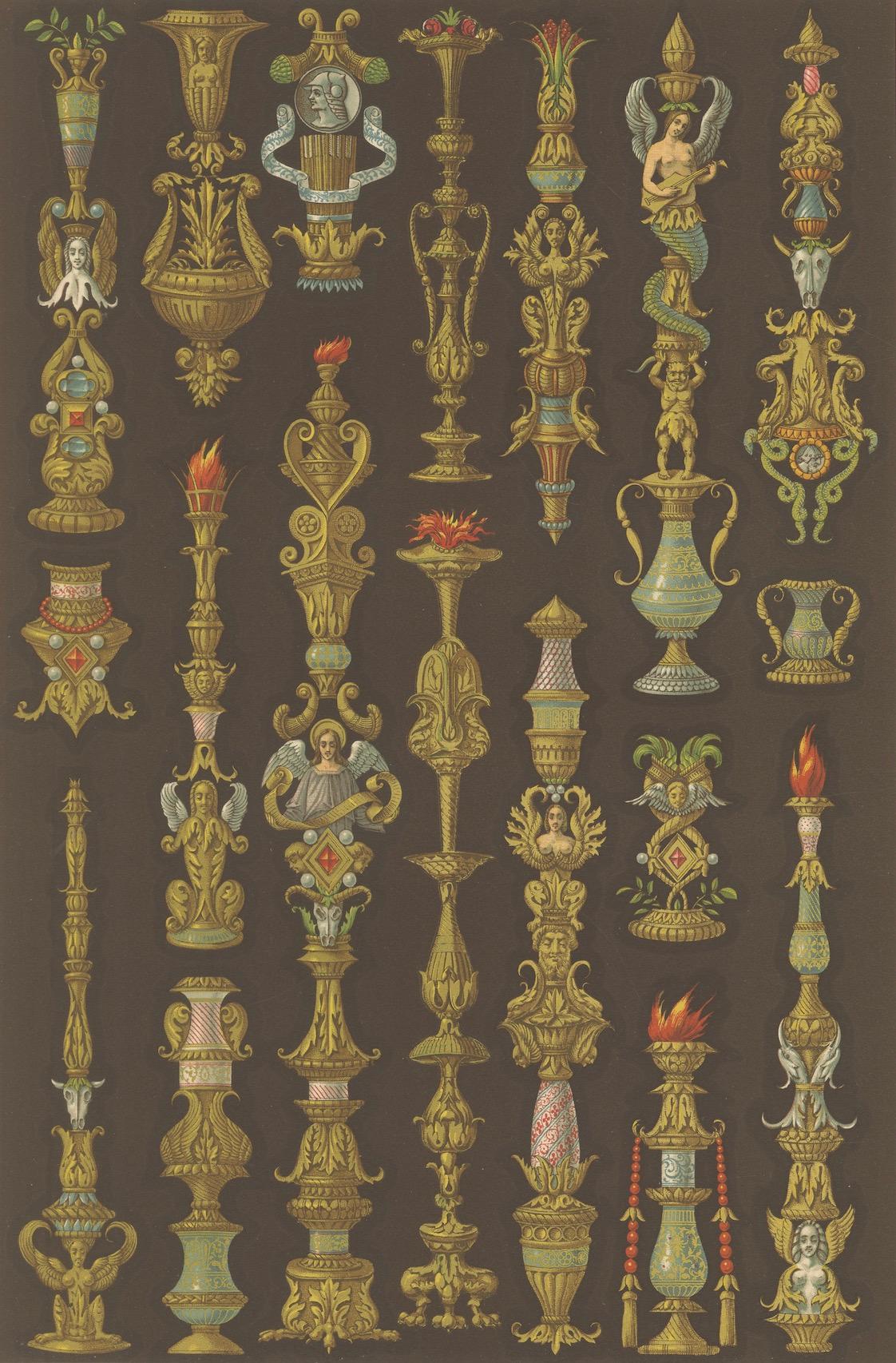 Gravure d'ornement de la Renaissance - Am designs de chandeliers et d'urnes du 16e siècle, 1869 en vente 2