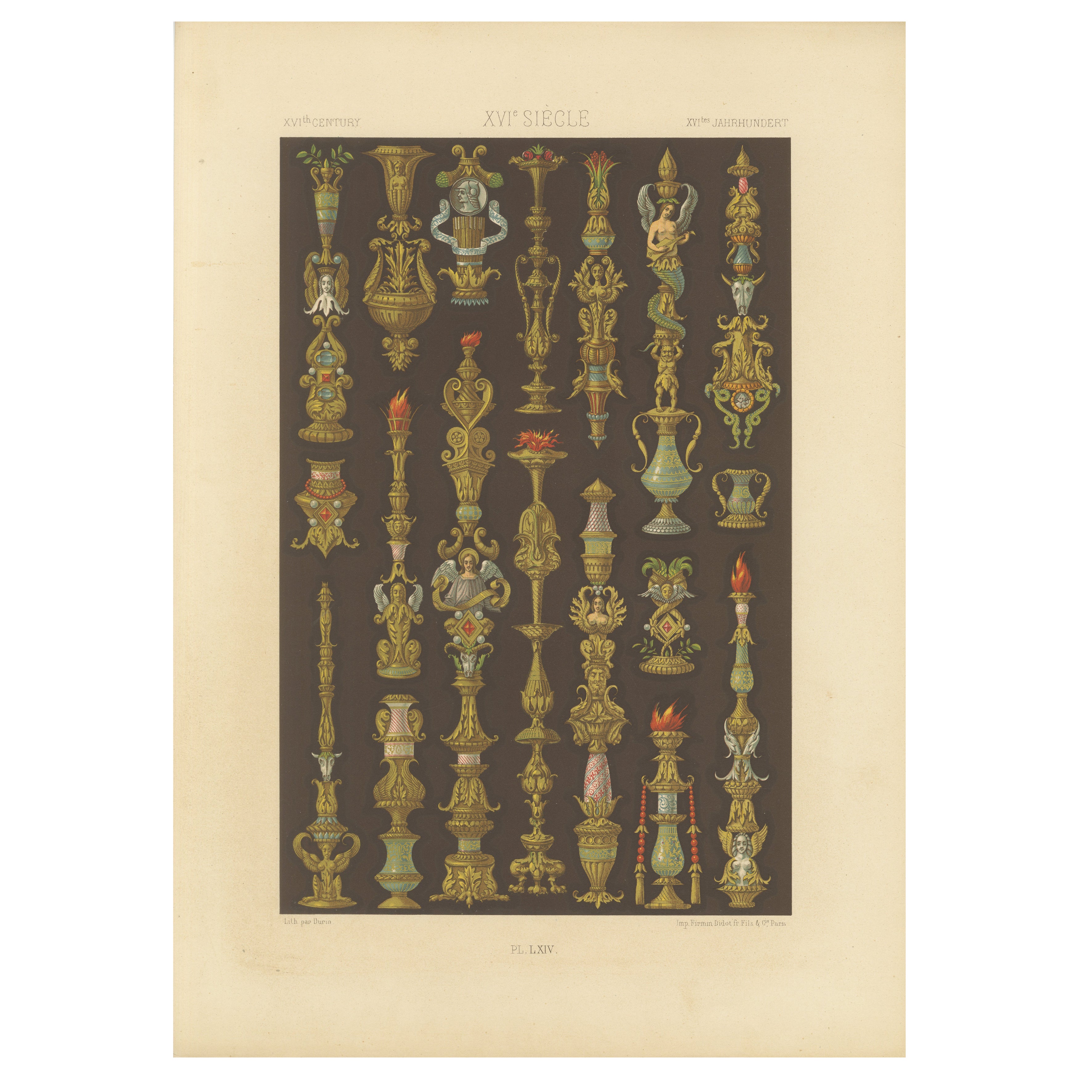 Ornamento renacentista impreso - Diseños de candelabros y urnas del siglo XVI, 1869 en venta