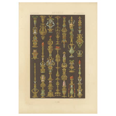 Renaissance Ornament Print – 16th-Century Candlestick and Urn Designs, 1869