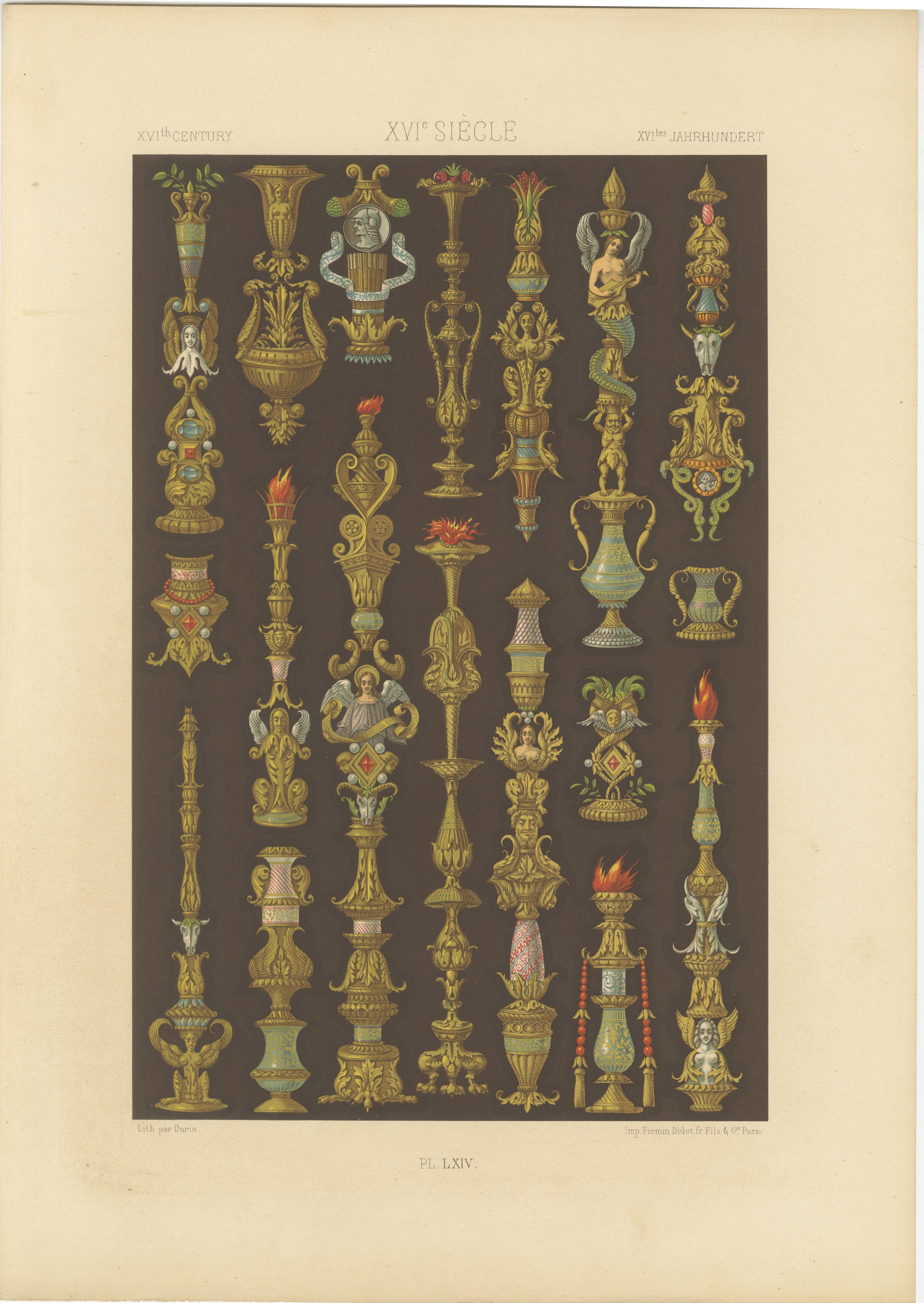 Gravure d'ornement de la Renaissance - Am designs de chandeliers et d'urnes du 16e siècle, 1869 en vente