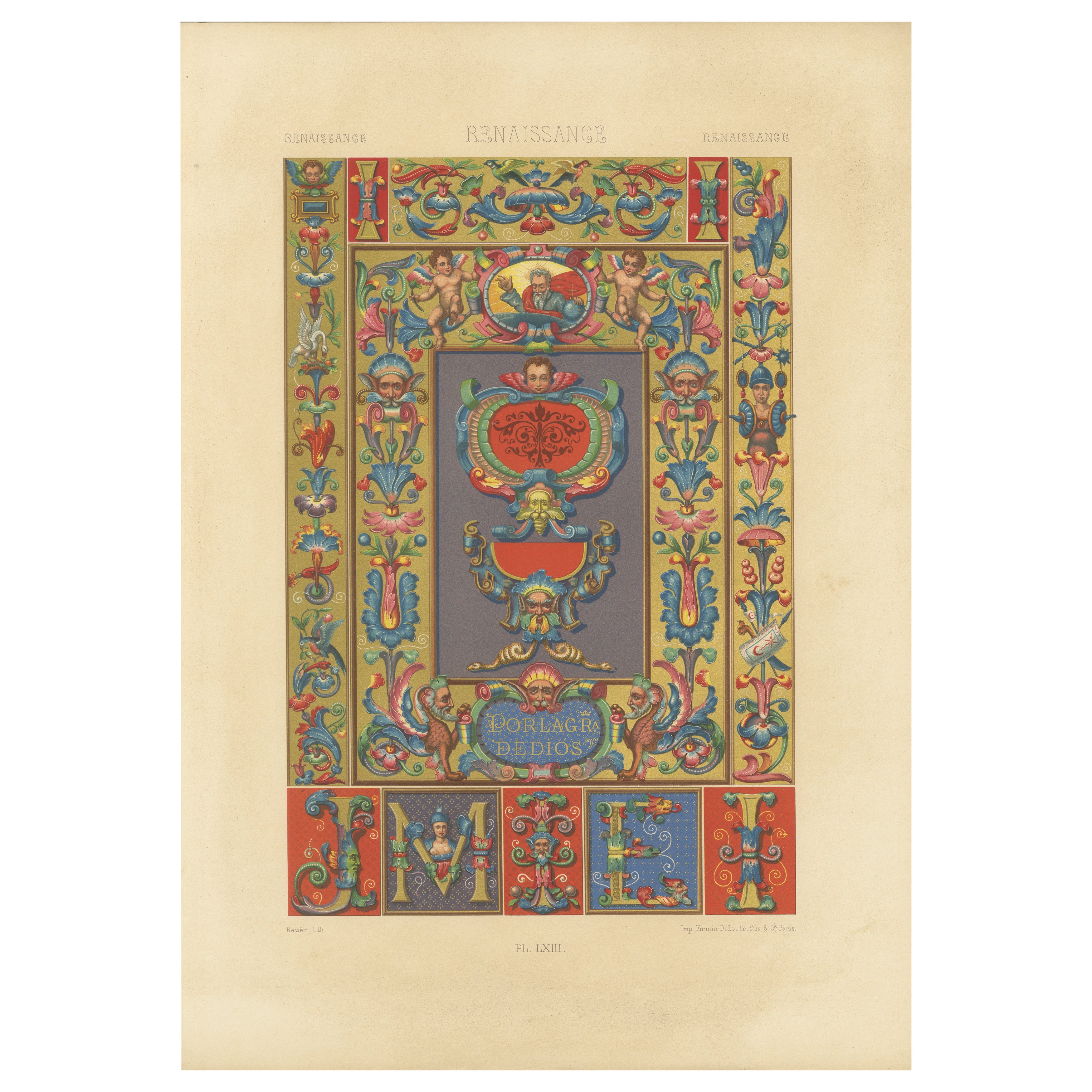 Renaissance Ornament Print – “Por la Gracia de Dios” with Cherubs & Scrollwork For Sale