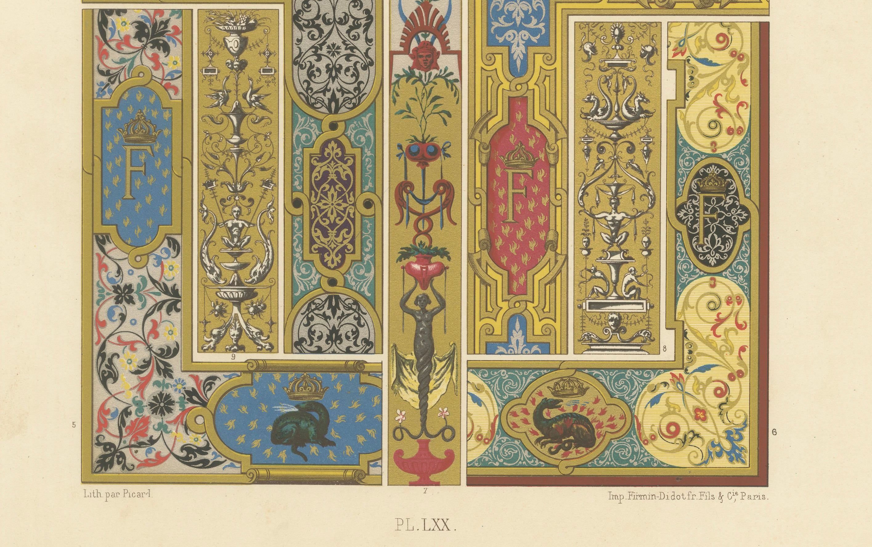 Ornement de panneau de la Renaissance - Décoration du XVIe siècle, plaque LXX

Cette plaque complexe et richement colorée, marquée XVIe Siècle (16e siècle), est la plaque LXX de la célèbre série *L'Ornement Polychrome* publiée par Firmin-Didot à
