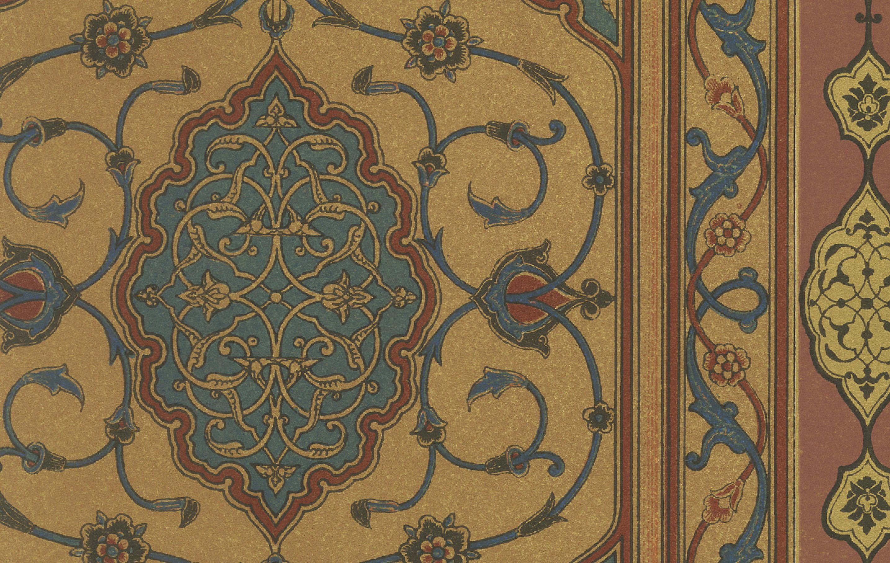 Ornementation de panneau de la Renaissance - Motifs arabesques et grotesques complexes, planche LXVIII

Cette chromolithographie richement détaillée, la planche LXVIII de *L'Ornement Polychrome*, présente une série d'exquises décorations murales ou