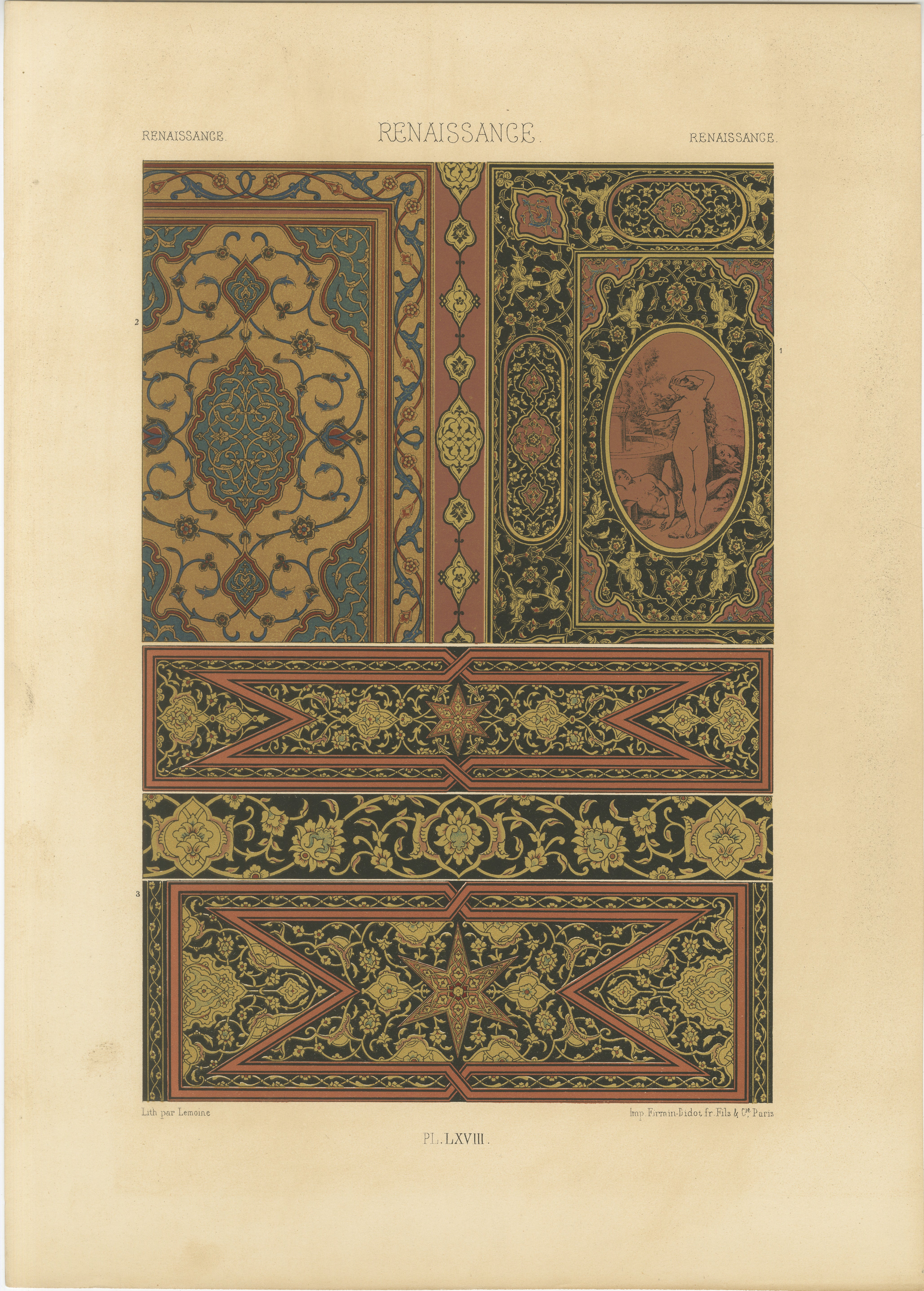 Ornamento renacentista para paneles - Motivos arabescos y grotescos, Lámina LXVIII, 1869