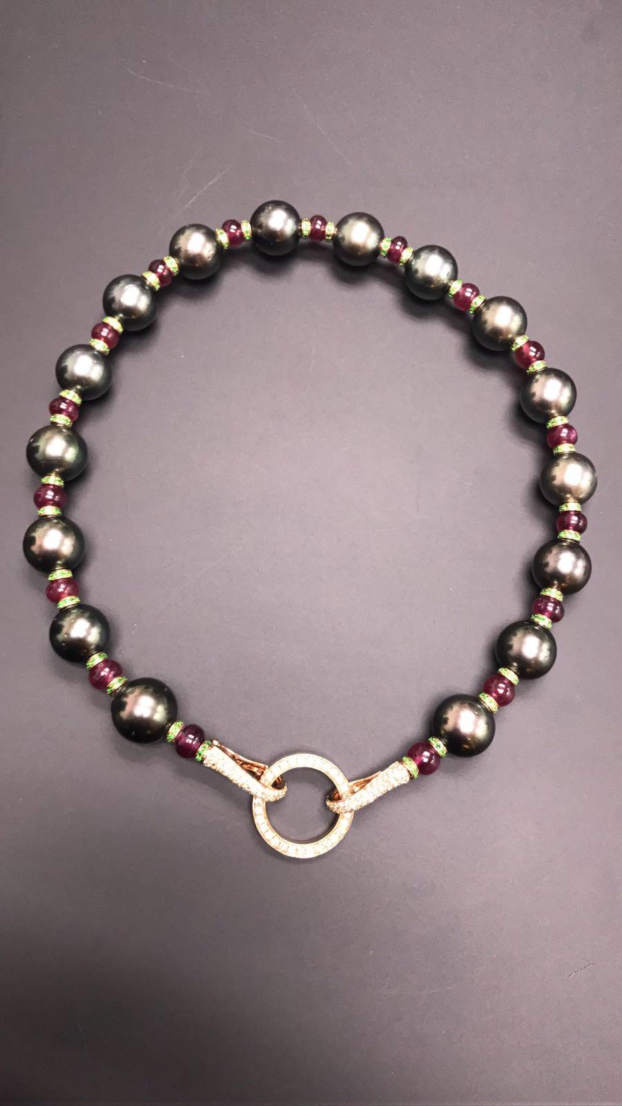 Renaissance Tahitian Black Pearl Rubies Tsavorite Diamonds Akoya Pearls Necklace For Sale 5