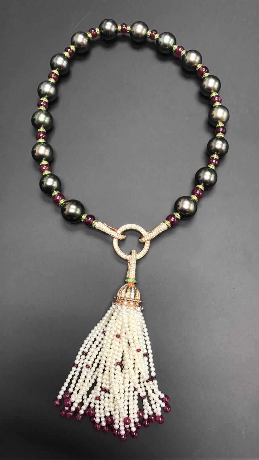 Renaissance Tahitian Black Pearl Rubies Tsavorite Diamonds Akoya Pearls Necklace For Sale 6