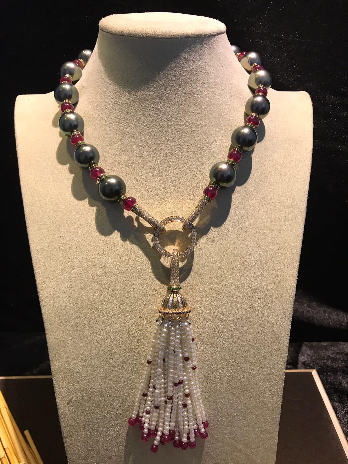 Women's Renaissance Tahitian Black Pearl Rubies Tsavorite Diamonds Akoya Pearls Necklace For Sale