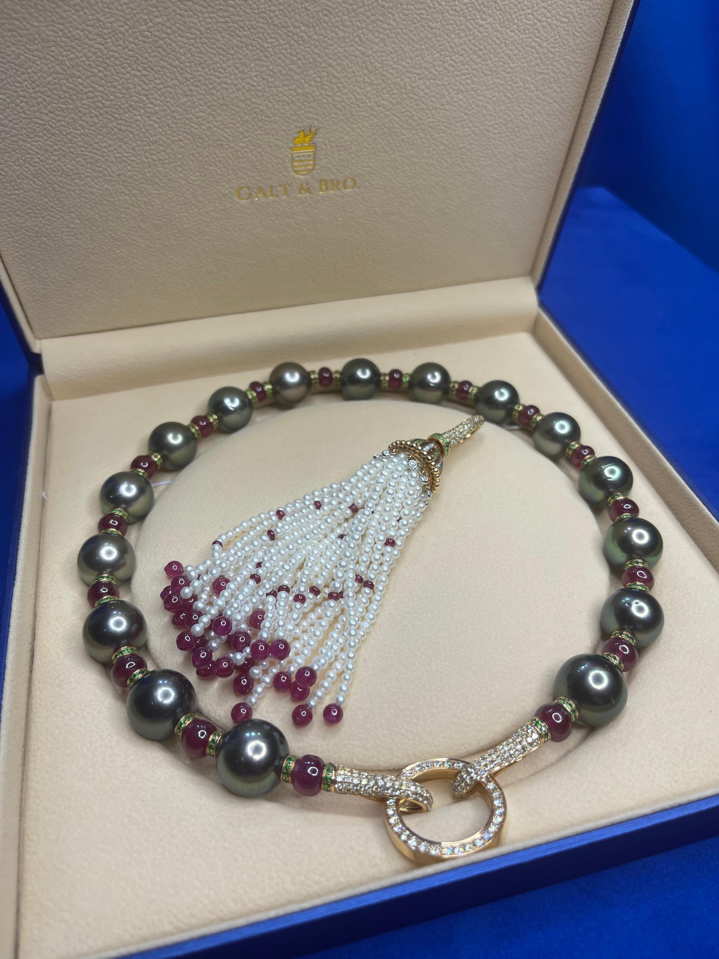 Renaissance Tahitian Black Pearl Rubies Tsavorite Diamonds Akoya Pearls Necklace For Sale 11