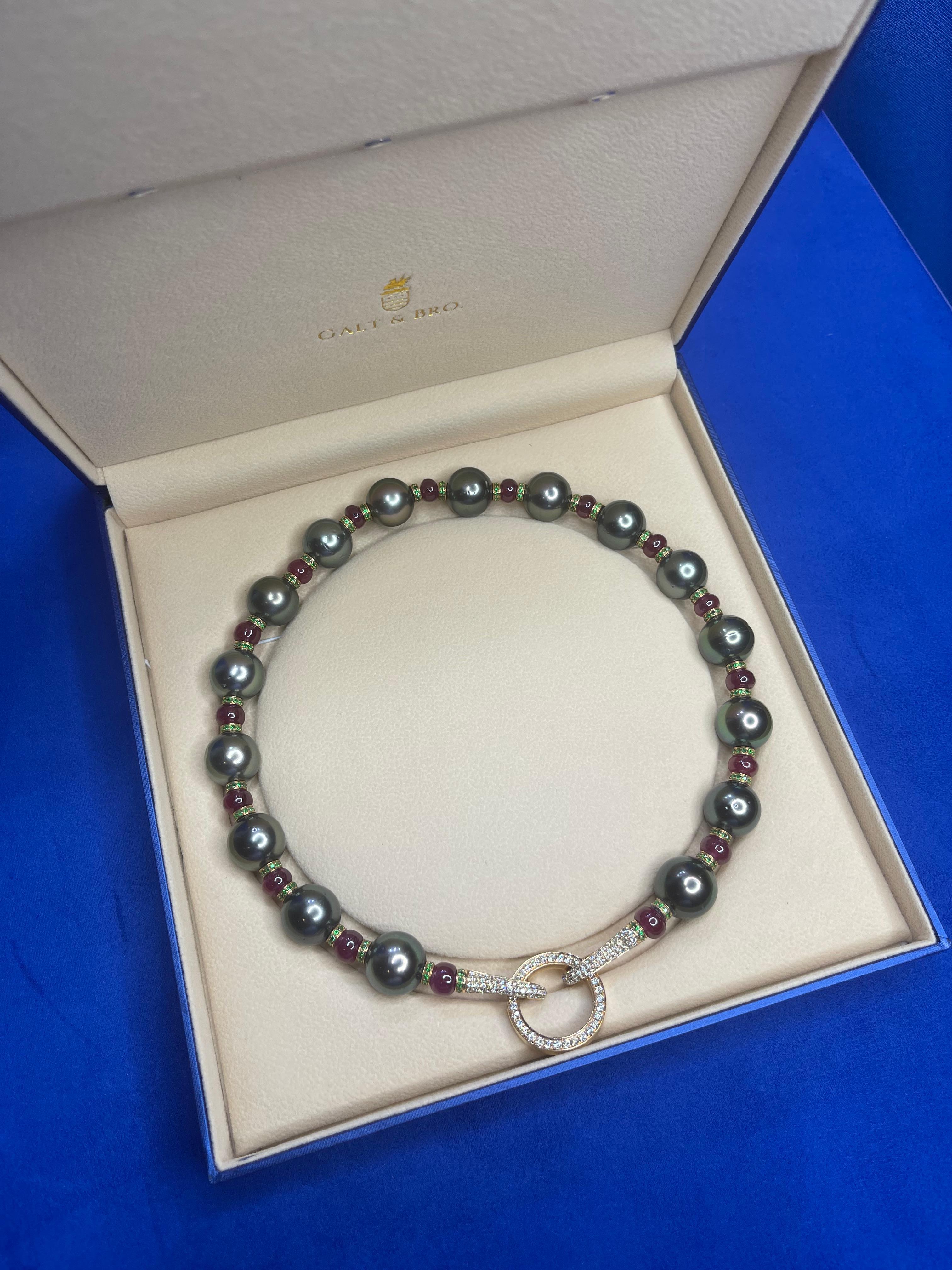 Renaissance Tahitian Black Pearl Rubies Tsavorite Diamonds Akoya Pearls Necklace For Sale 8