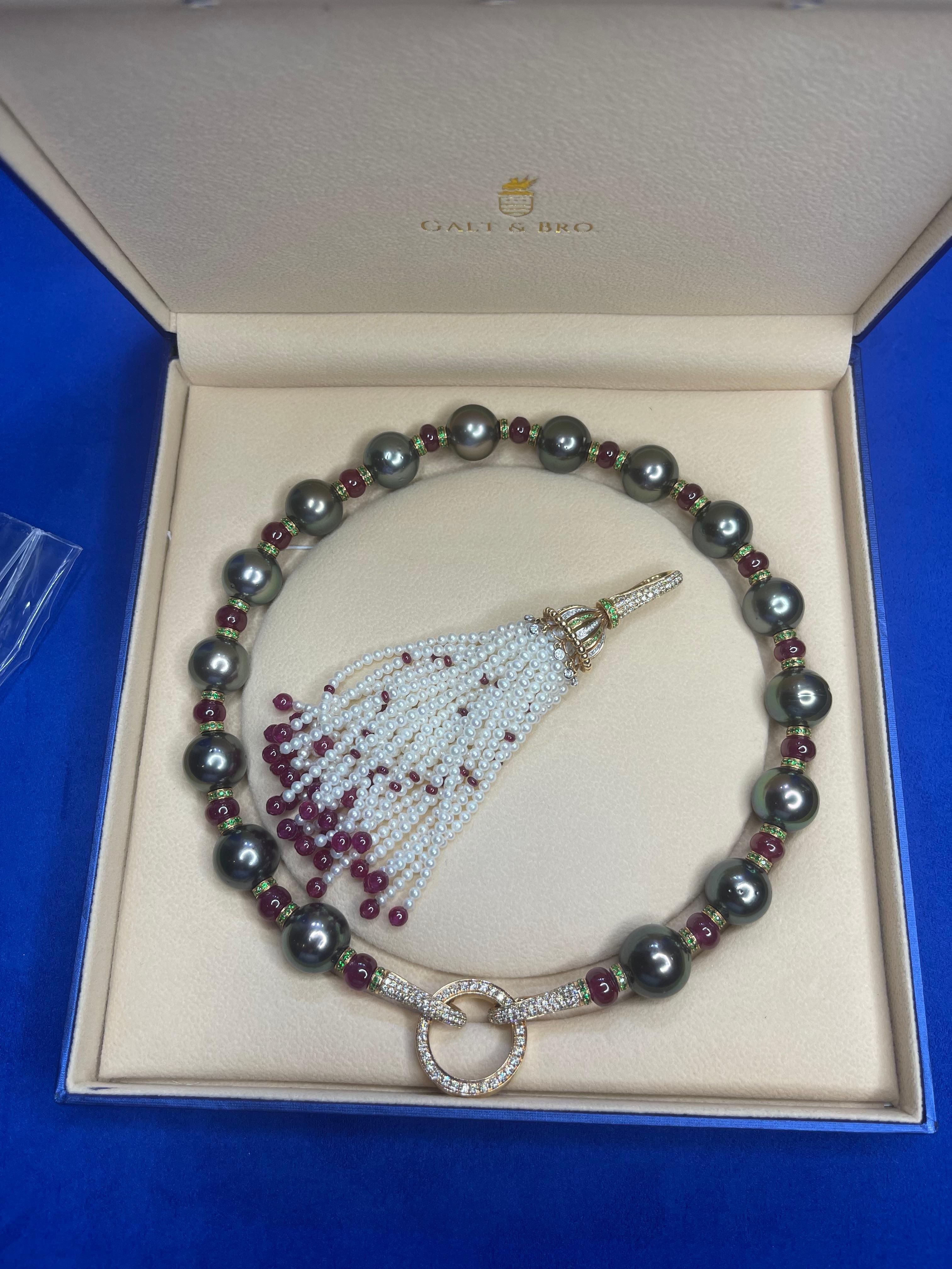 Renaissance Tahitian Black Pearl Rubies Tsavorite Diamonds Akoya Pearls Necklace For Sale 13