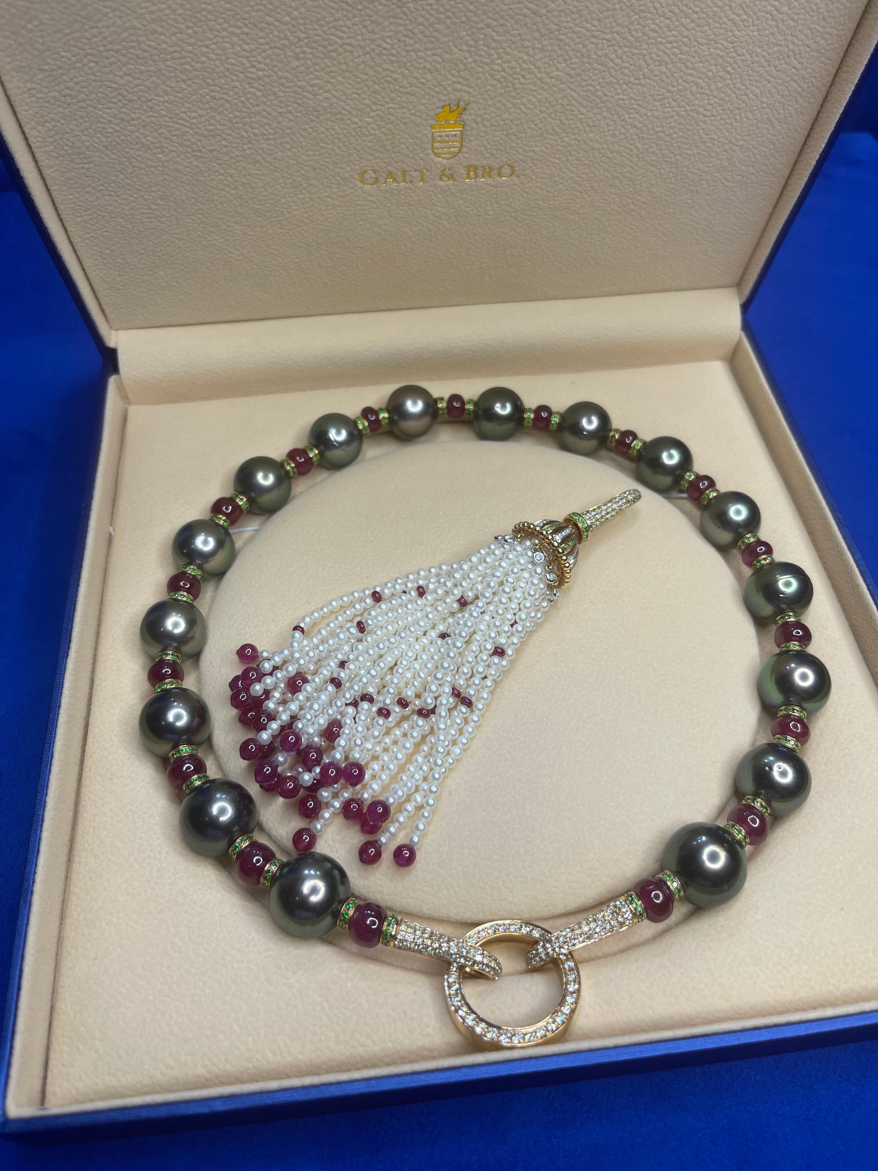 Renaissance Tahitian Black Pearl Rubies Tsavorite Diamonds Akoya Pearls Necklace For Sale 14