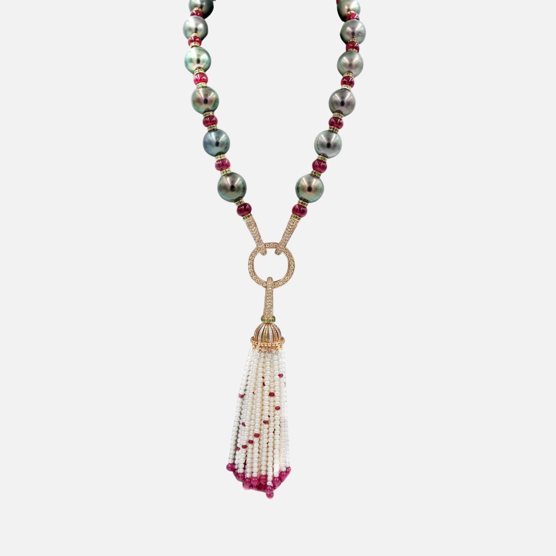 Mixed Cut Renaissance Tahitian Black Pearl Rubies Tsavorite Diamonds Akoya Pearls Necklace For Sale