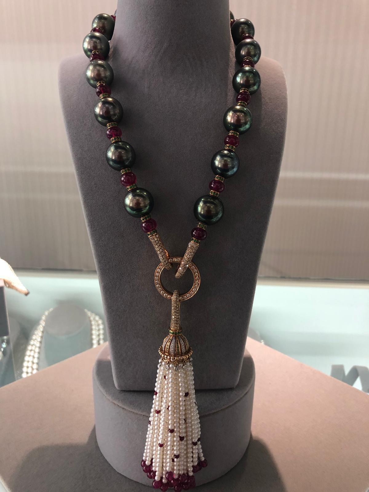 Renaissance Tahitian Black Pearl Rubies Tsavorite Diamonds Akoya Pearls Necklace For Sale 1