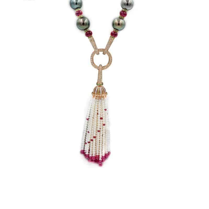 Renaissance Tahitian Black Pearl Rubies Tsavorite Diamonds Akoya Pearls Necklace In New Condition For Sale In Oakton, VA