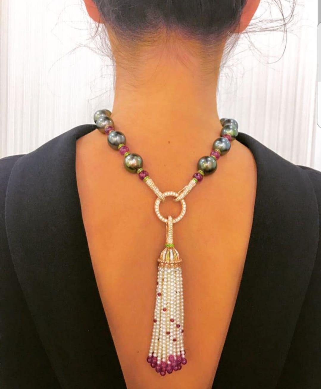 Renaissance Tahitian Black Pearl Rubies Tsavorite Diamonds Akoya Pearls Necklace For Sale 3