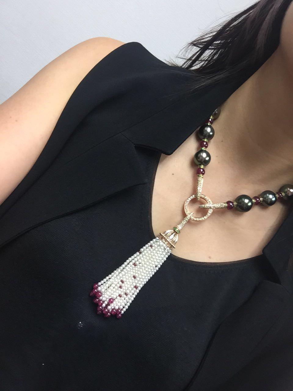 Renaissance Tahitian Black Pearl Rubies Tsavorite Diamonds Akoya Pearls Necklace For Sale 4