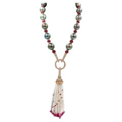 Renaissance Tahitian Black Pearl Rubies Tsavorite Diamonds Akoya Pearls Necklace