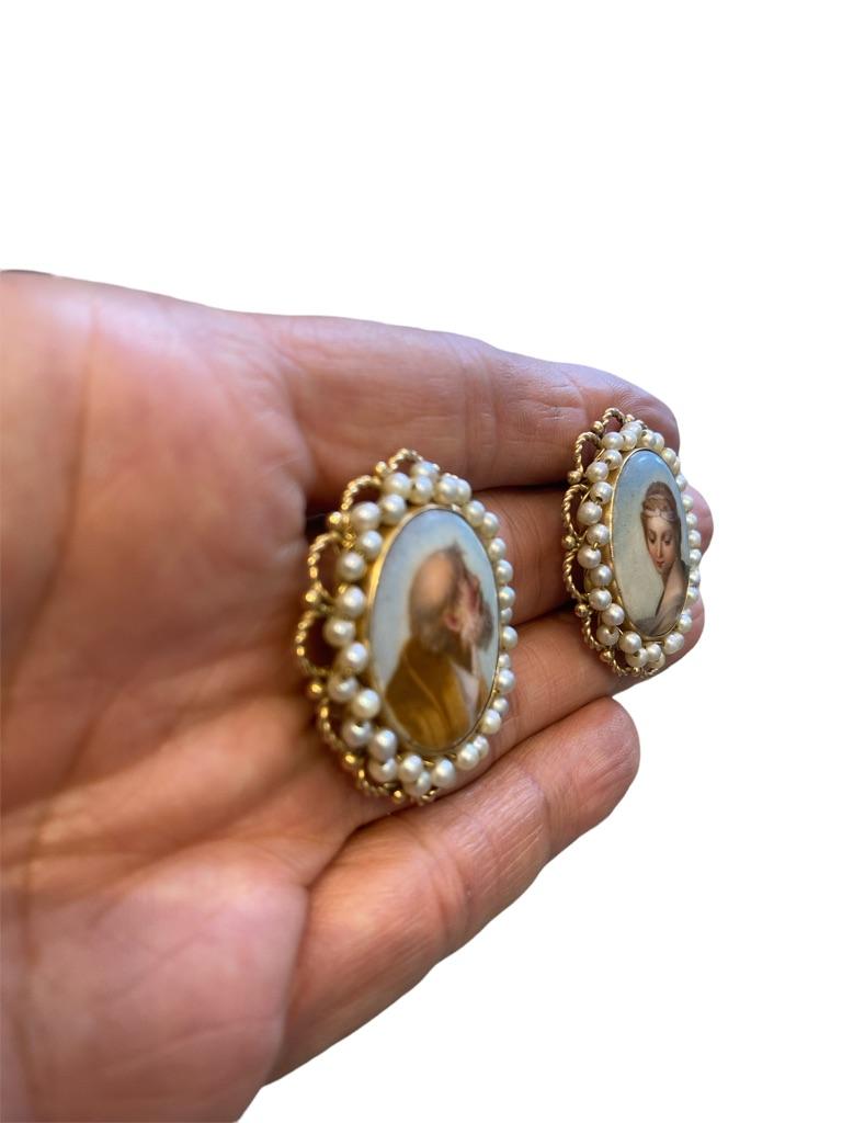 Renaissance Revival Renaissance Portrait Painted Earrings Cameos 14 karat with Pearls