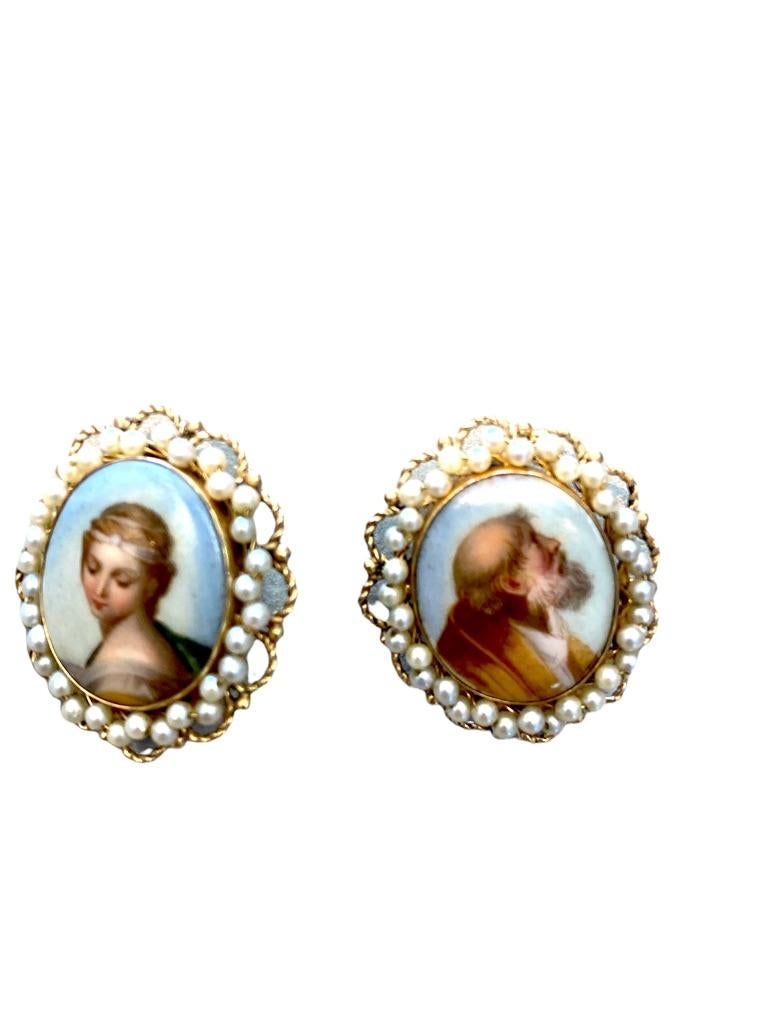 Round Cut Renaissance Portrait Painted Earrings Cameos 14 karat with Pearls
