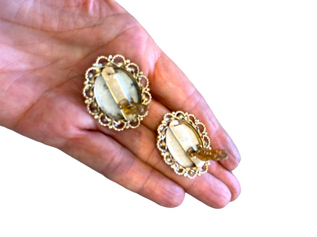 Renaissance Portrait Painted Earrings Cameos 14 karat with Pearls In Good Condition In Laguna Hills, CA