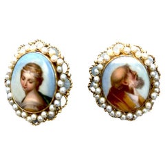 Renaissance Portrait Painted Earrings Cameos 14 karat with Pearls