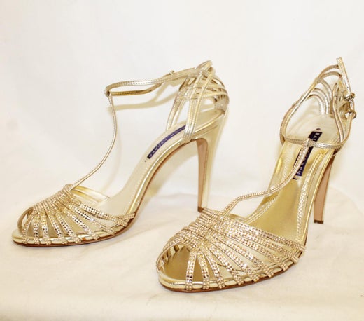 Renaissance Ralph Lauren Jacoba Metallic Gold W/Gold Tone Crystals Strappy  Heels For Sale at 1stDibs