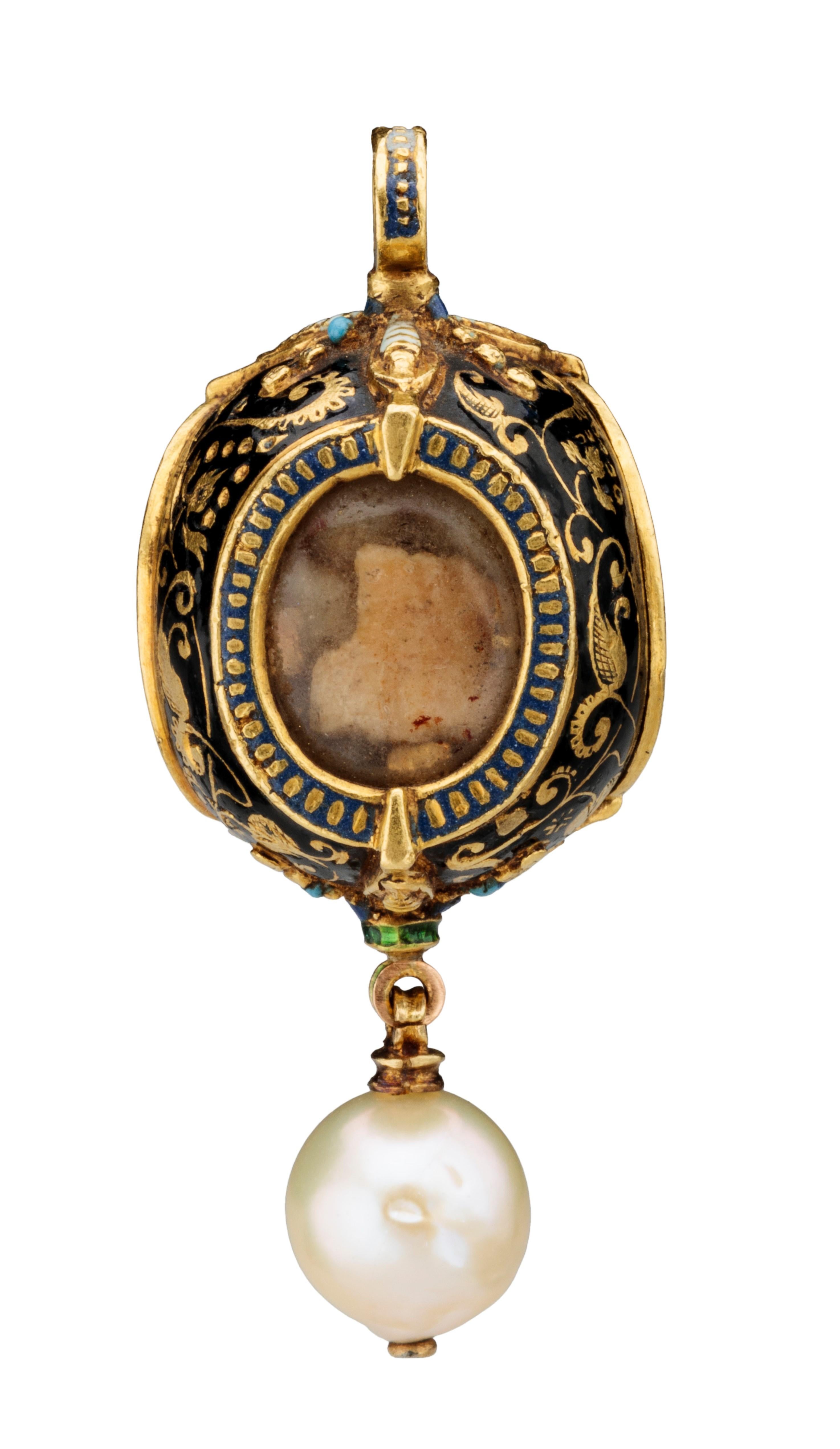 Bead Renaissance Reliquary Pendant with Pearl and Enameling For Sale