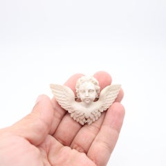RENAISSANCE Revival 1860 Italian-Naples Winged Putti Brooch In Carved White Lava