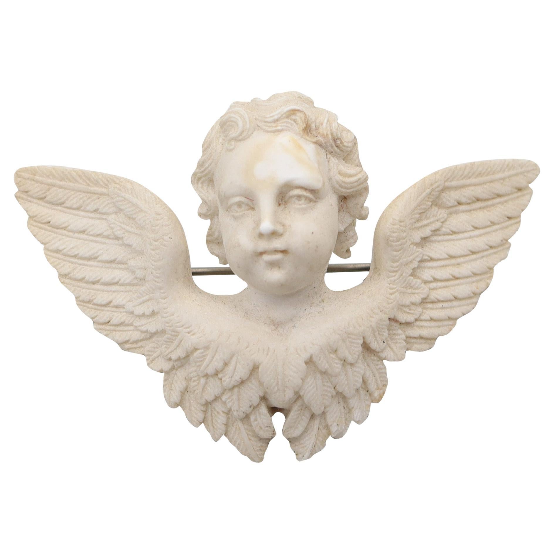 RENAISSANCE Revival 1860 Italian-Naples Winged Putti Brooch In Carved White Lava