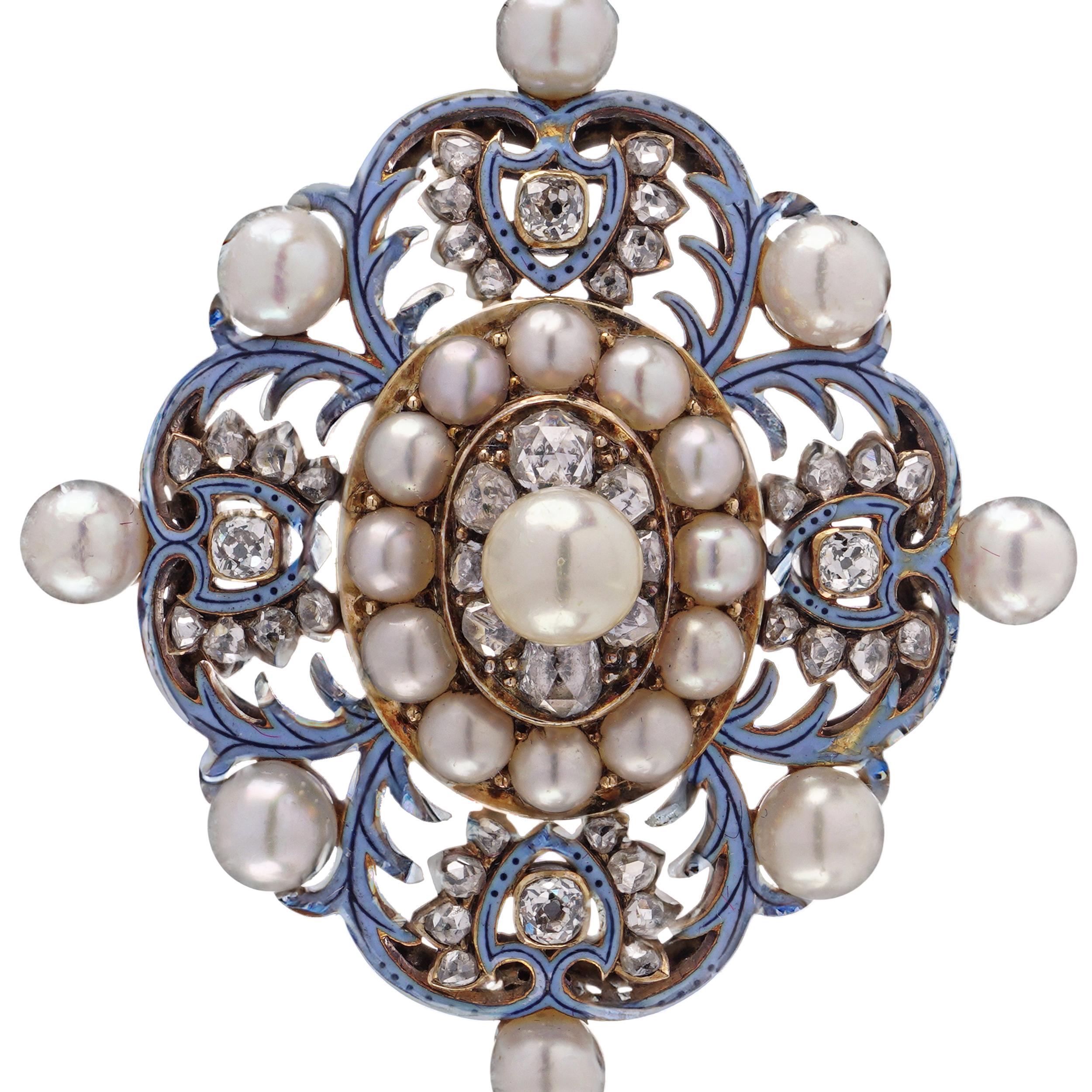Renaissance Revival 18kt Gold, Enamel, Diamond and Pearl Pendant.

An ornate Renaissance Revival pendant, finely crafted in 18 karat yellow gold with intricate openwork design and accented with enamel, diamonds, and natural pearls. The pendant