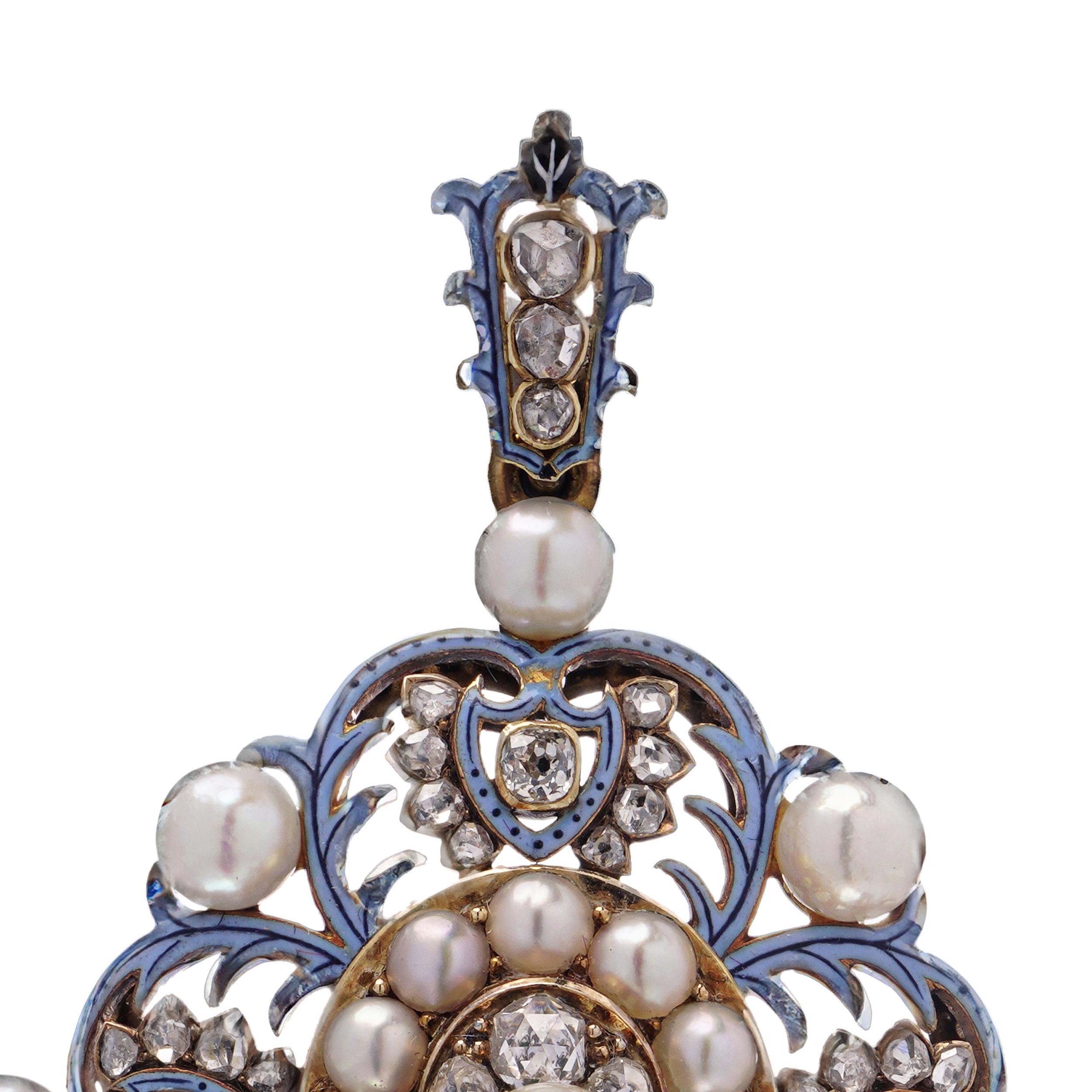 Old European Cut Renaissance Revival 18kt Gold, Enamel, Diamond and Pearl Pendant. For Sale