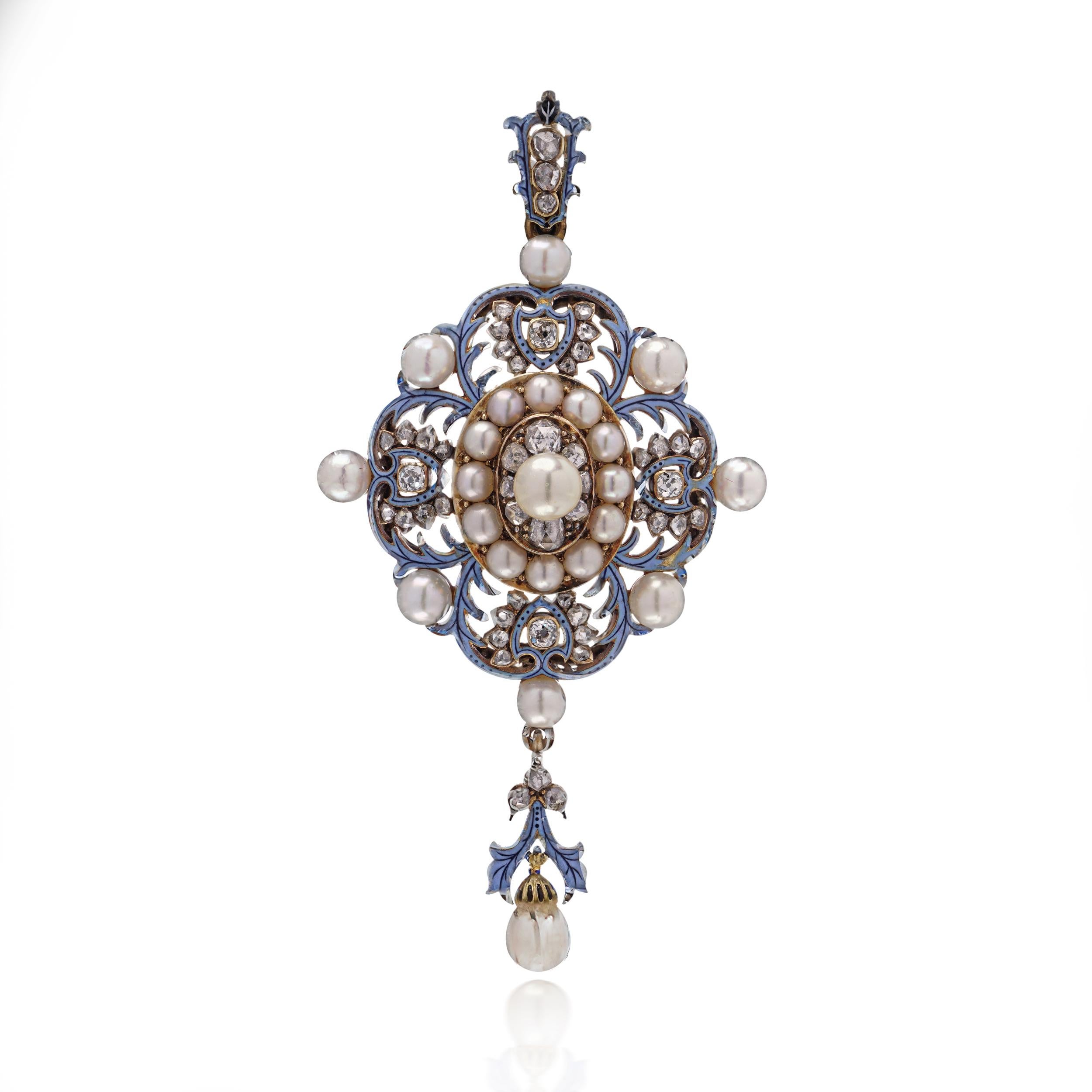 Renaissance Revival 18kt Gold, Enamel, Diamond and Pearl Pendant. In Good Condition For Sale In Braintree, GB