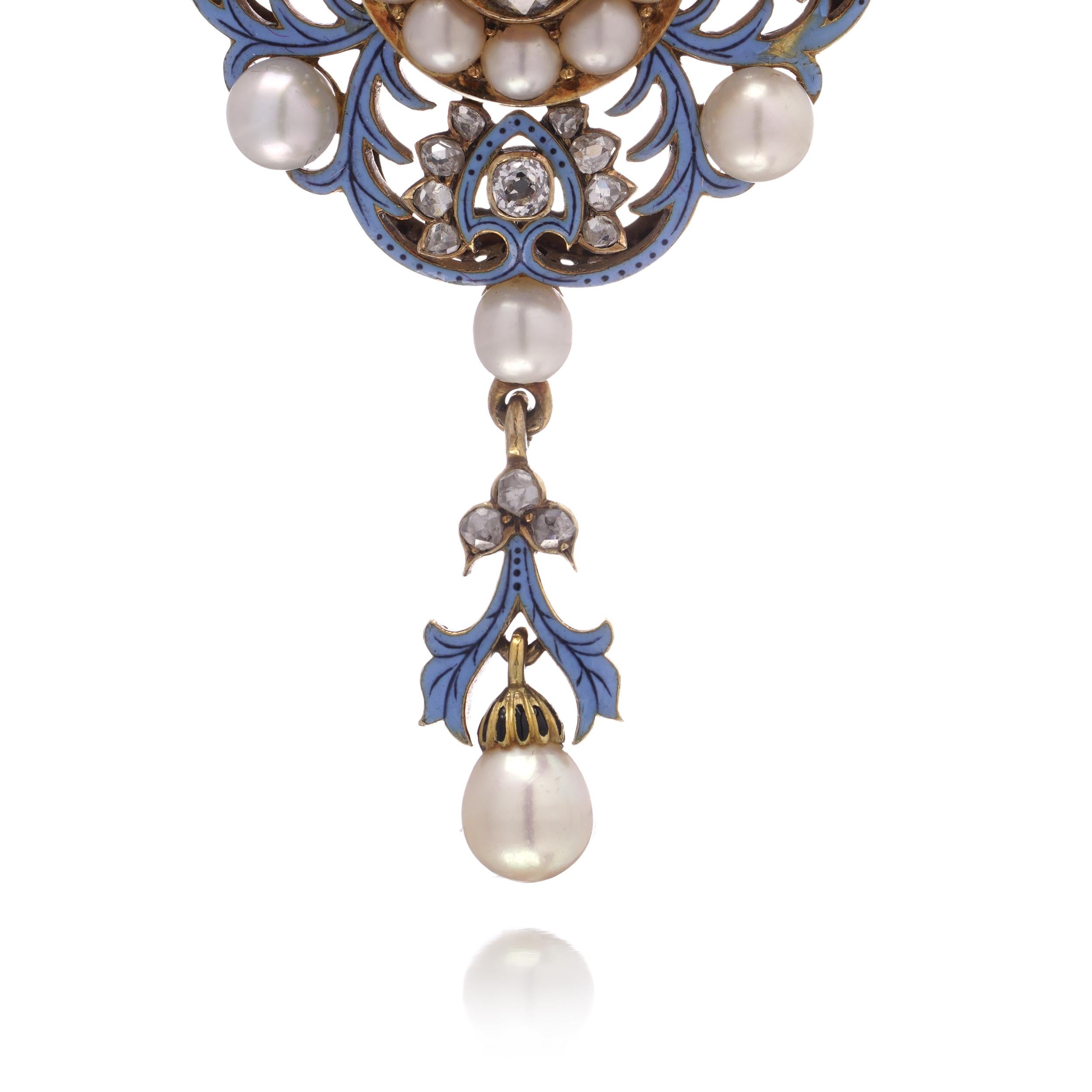 Women's Renaissance Revival 18kt Gold, Enamel, Diamond and Pearl Pendant. For Sale