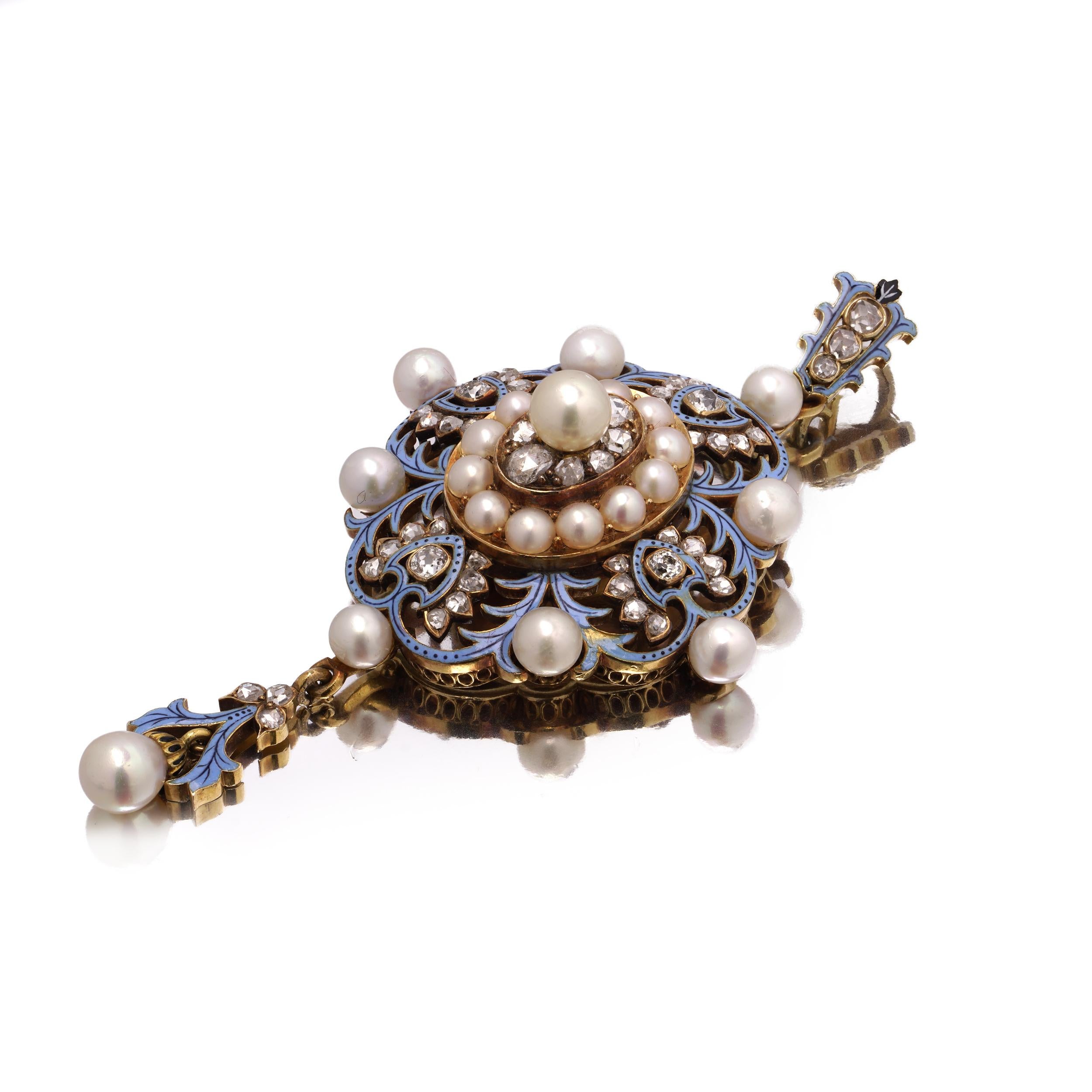 Renaissance Revival 18kt Gold, Enamel, Diamond and Pearl Pendant. For Sale 2